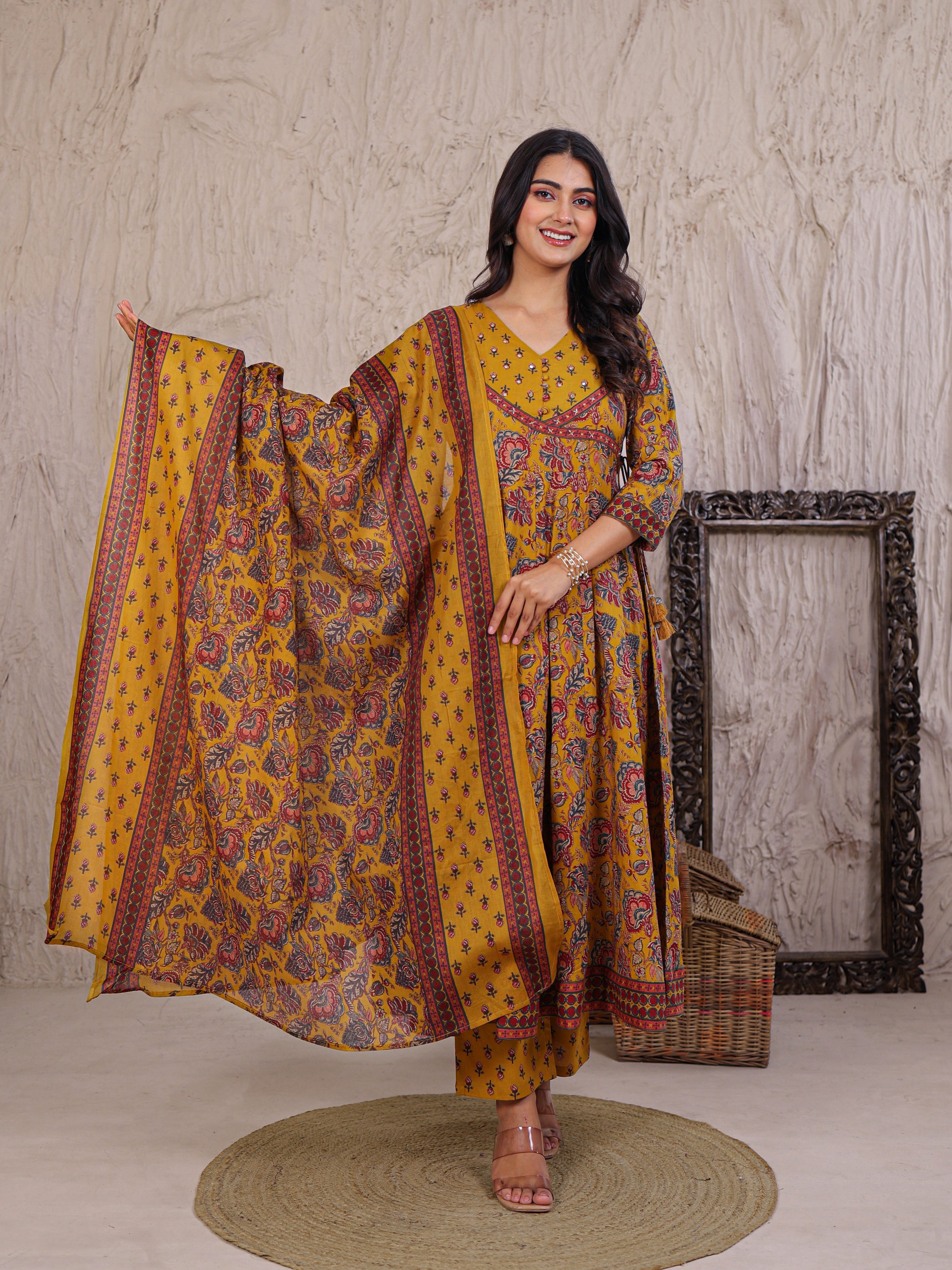 Anarkali Printed Cotton Kurta Set with Thread work