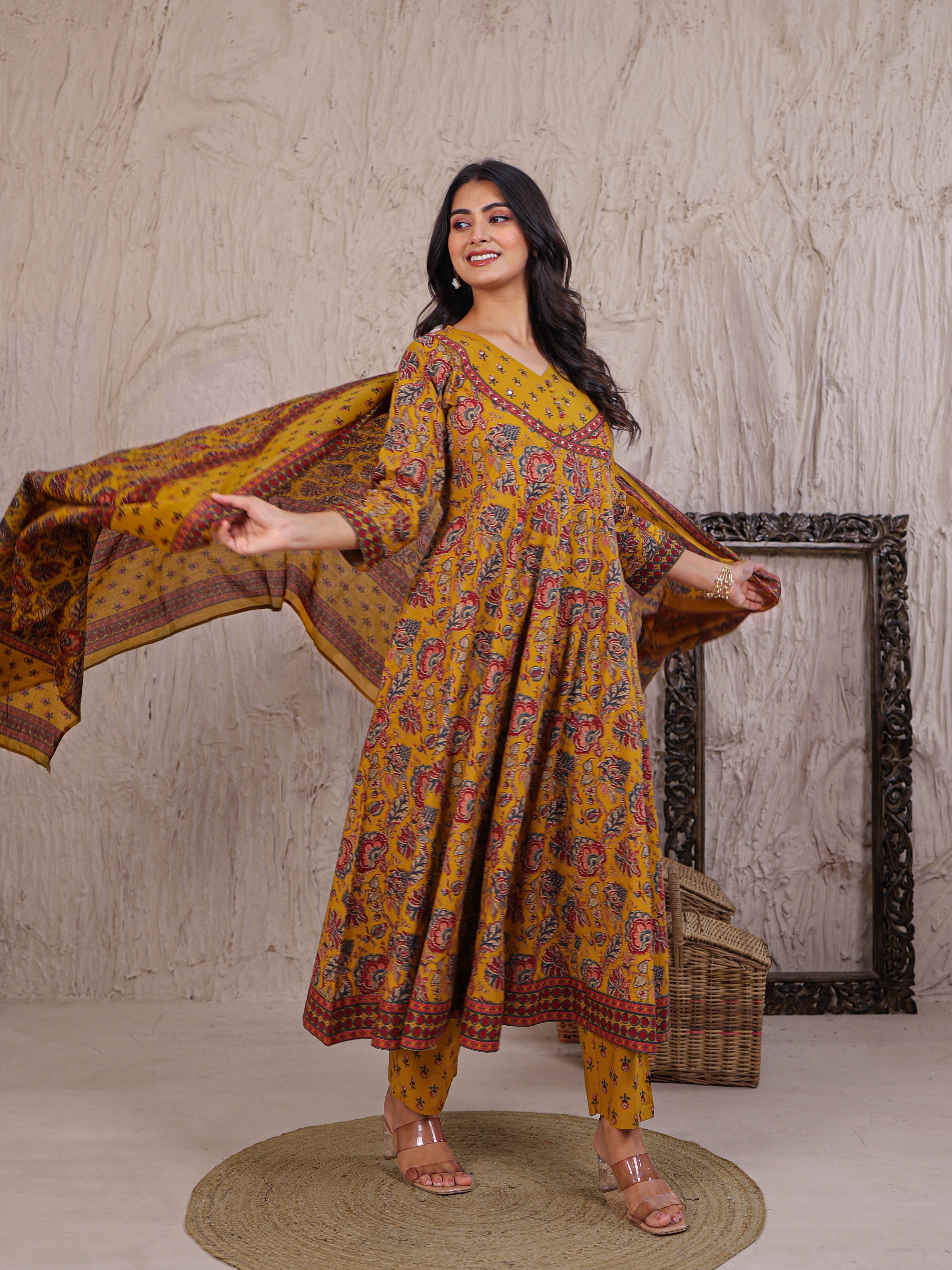 Anarkali Printed Cotton Kurta Set with Thread work