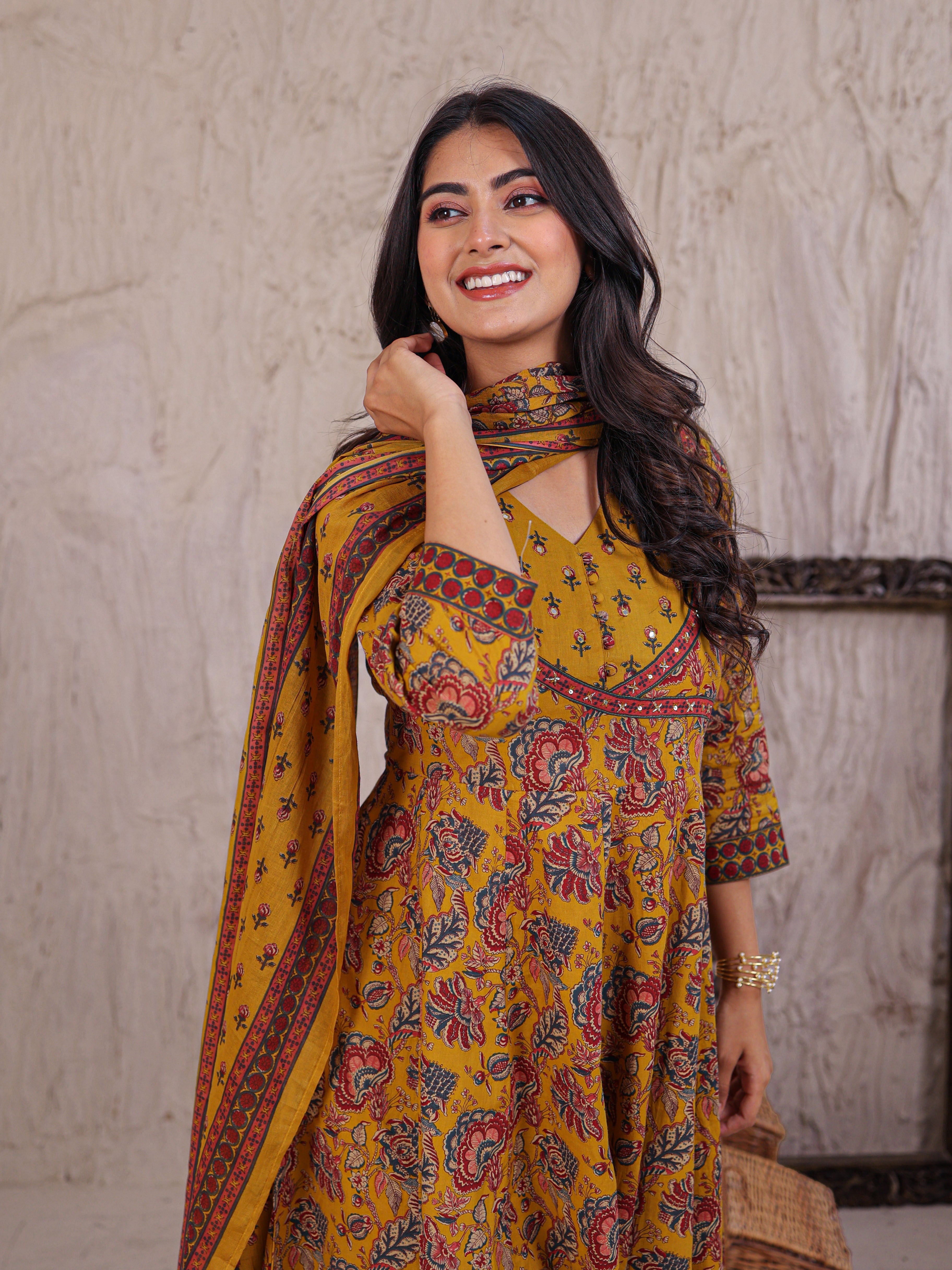 Anarkali Printed Cotton Kurta Set with Thread work