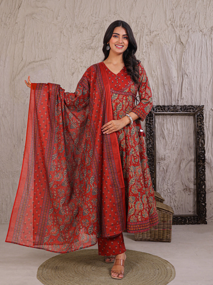 Anarkali Printed Cotton Kurta Set with Thread work