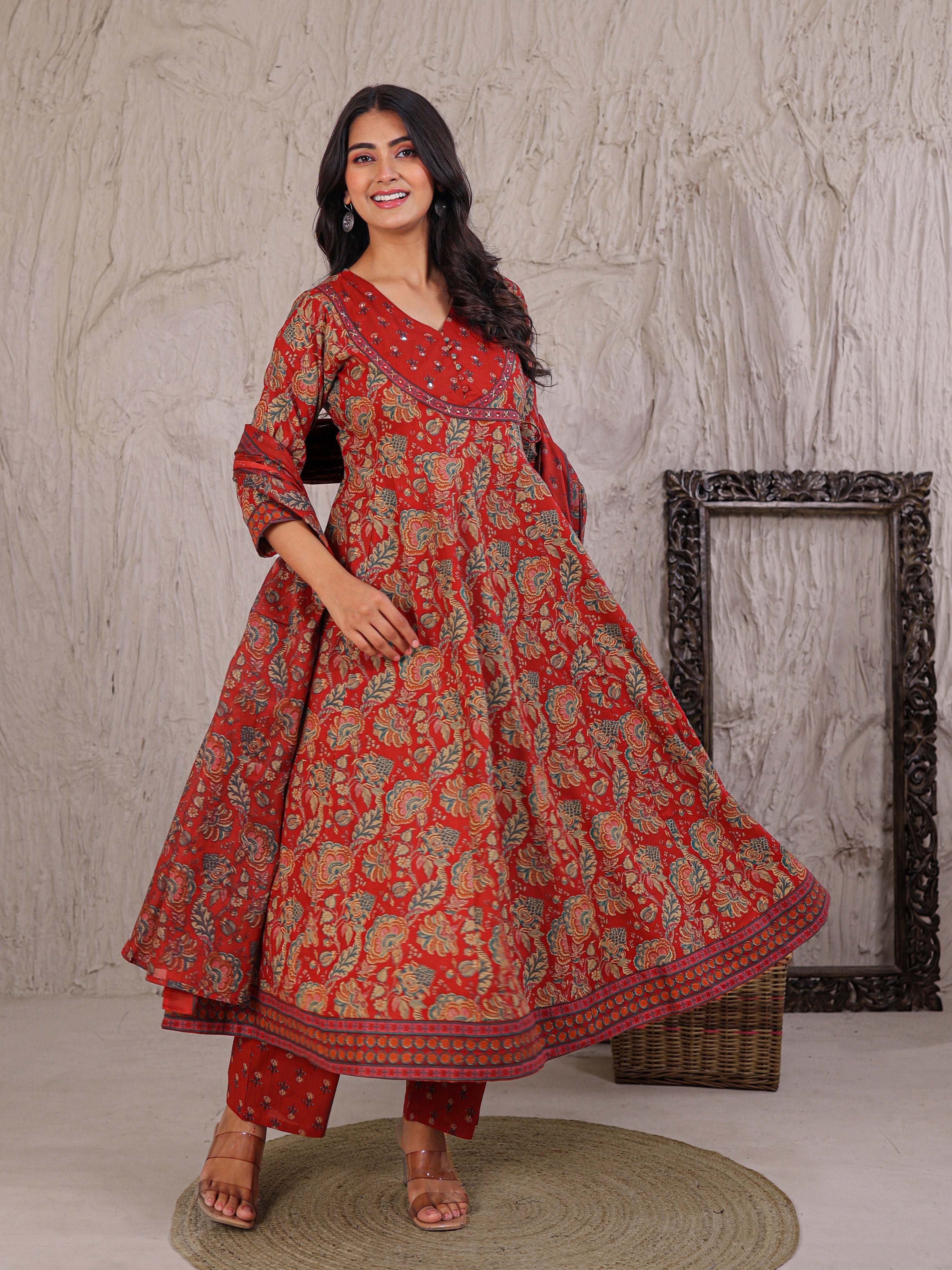 Anarkali Printed Cotton Kurta Set with Thread work