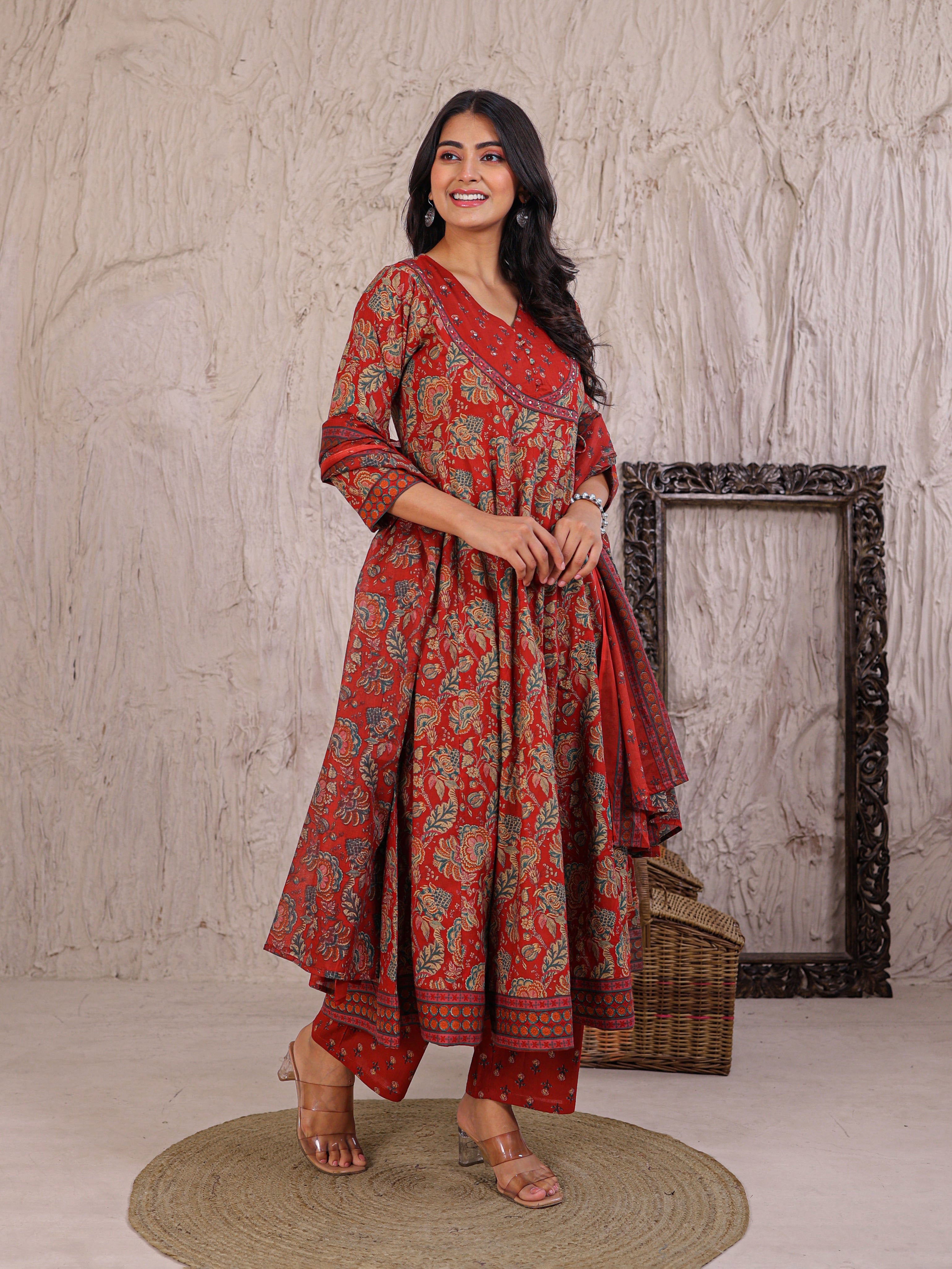 Anarkali Printed Cotton Kurta Set with Thread work