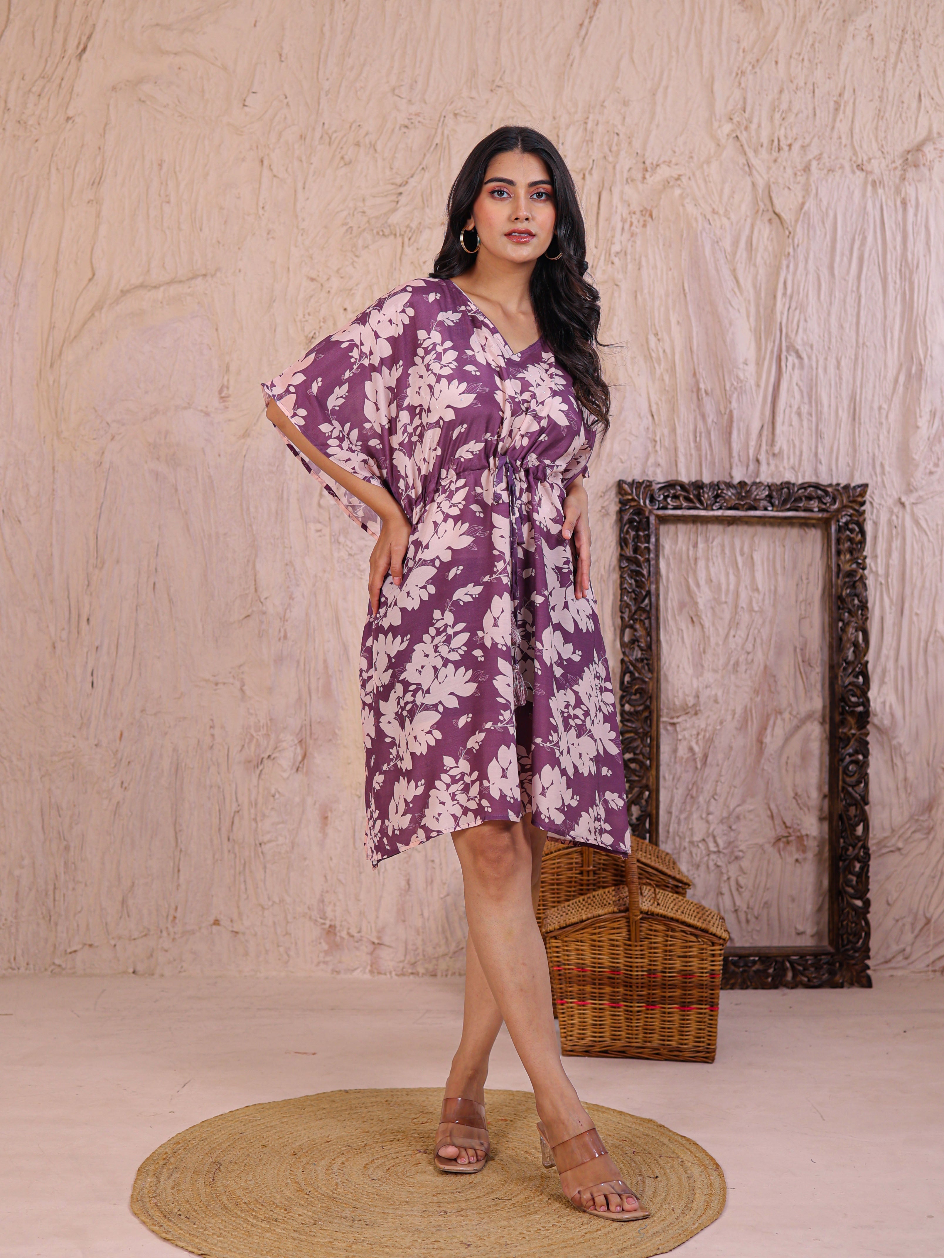 Printed Silk Blend Kaftan Set with Sequins work