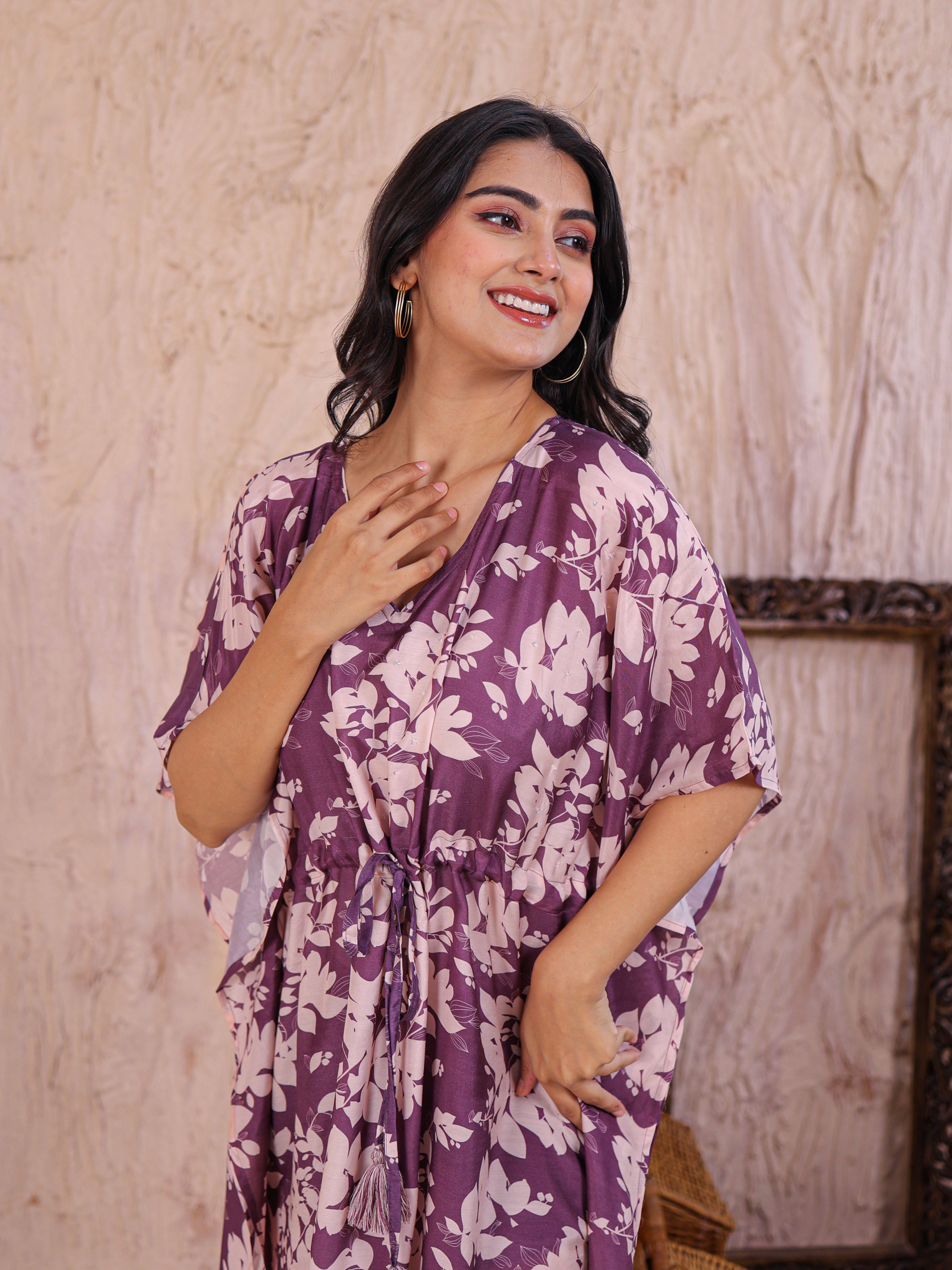 Printed Silk Blend Kaftan Set with Sequins work