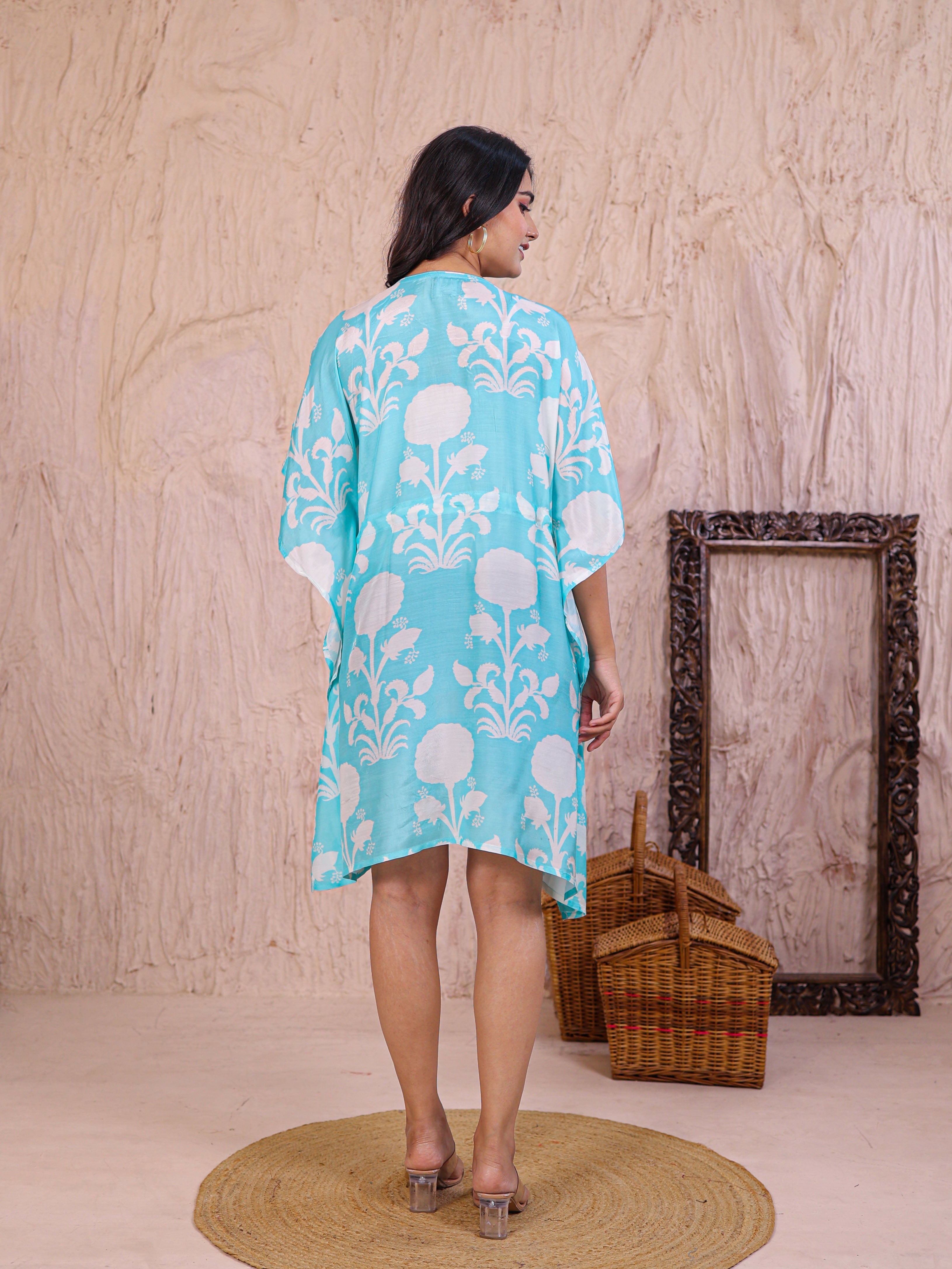 Printed Silk Blend Kaftan Dress Enhanced with Pearl work