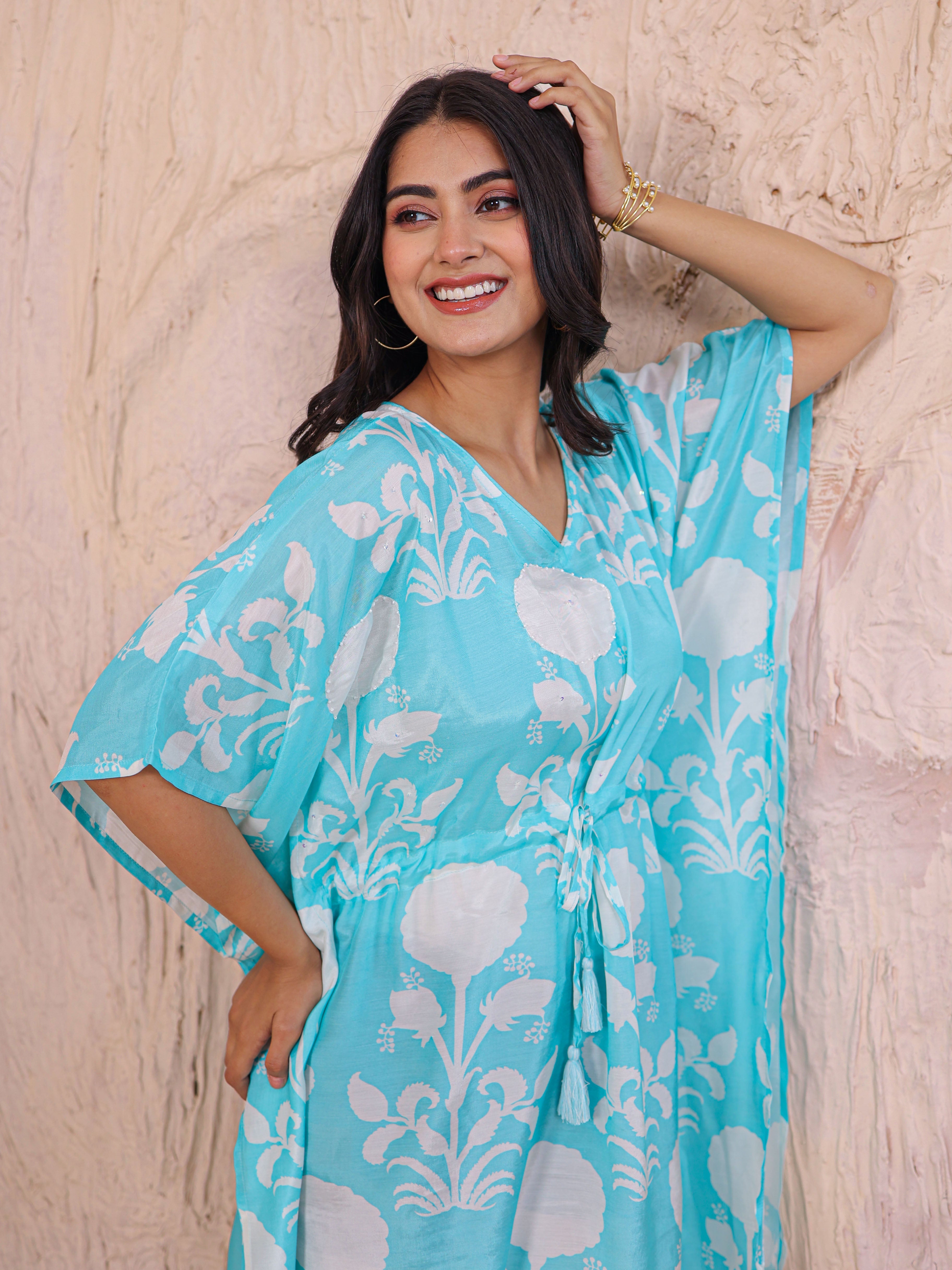 Printed Silk Blend Kaftan Dress Enhanced with Pearl work