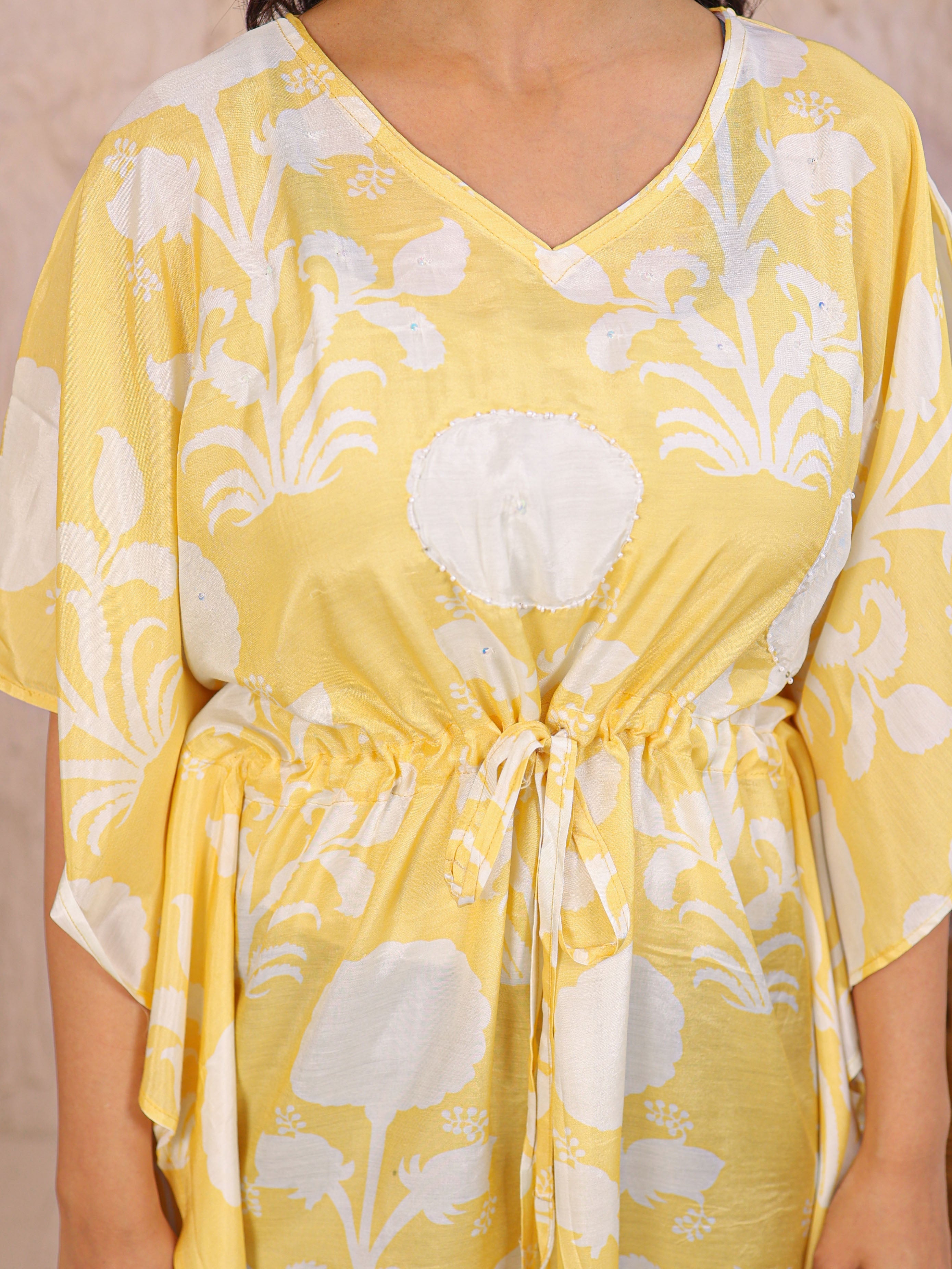 Printed Silk Blend Kaftan Dress Enhanced with Pearl work
