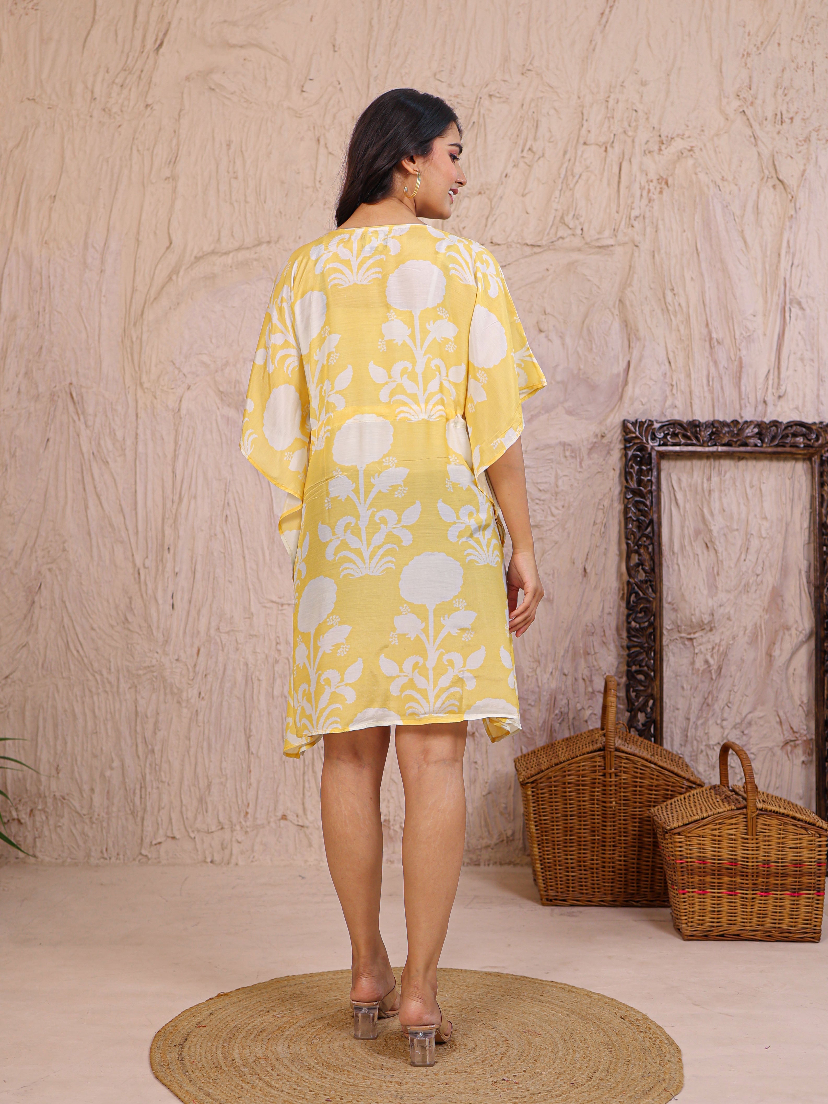 Printed Silk Blend Kaftan Dress Enhanced with Pearl work