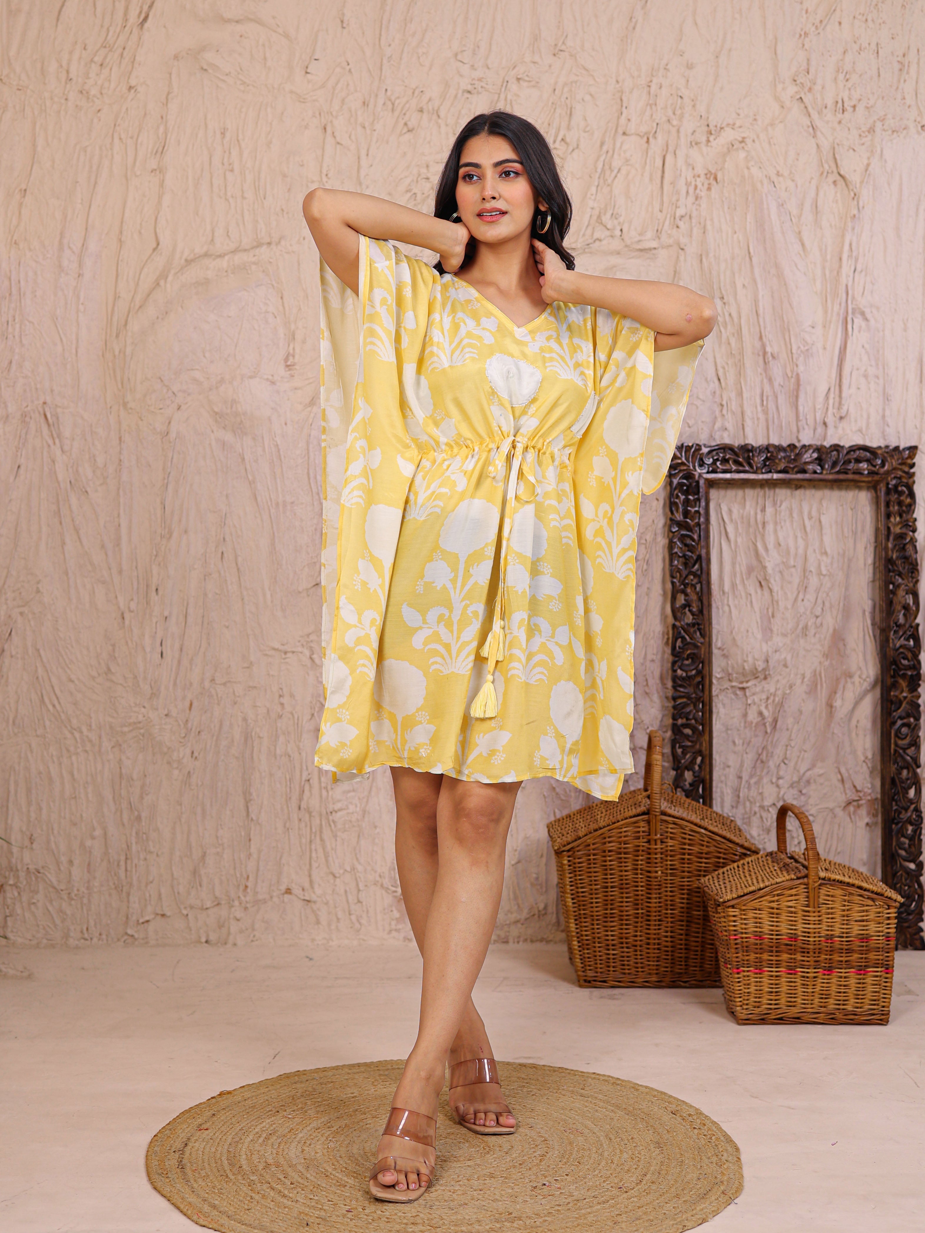 Printed Silk Blend Kaftan Dress Enhanced with Pearl work