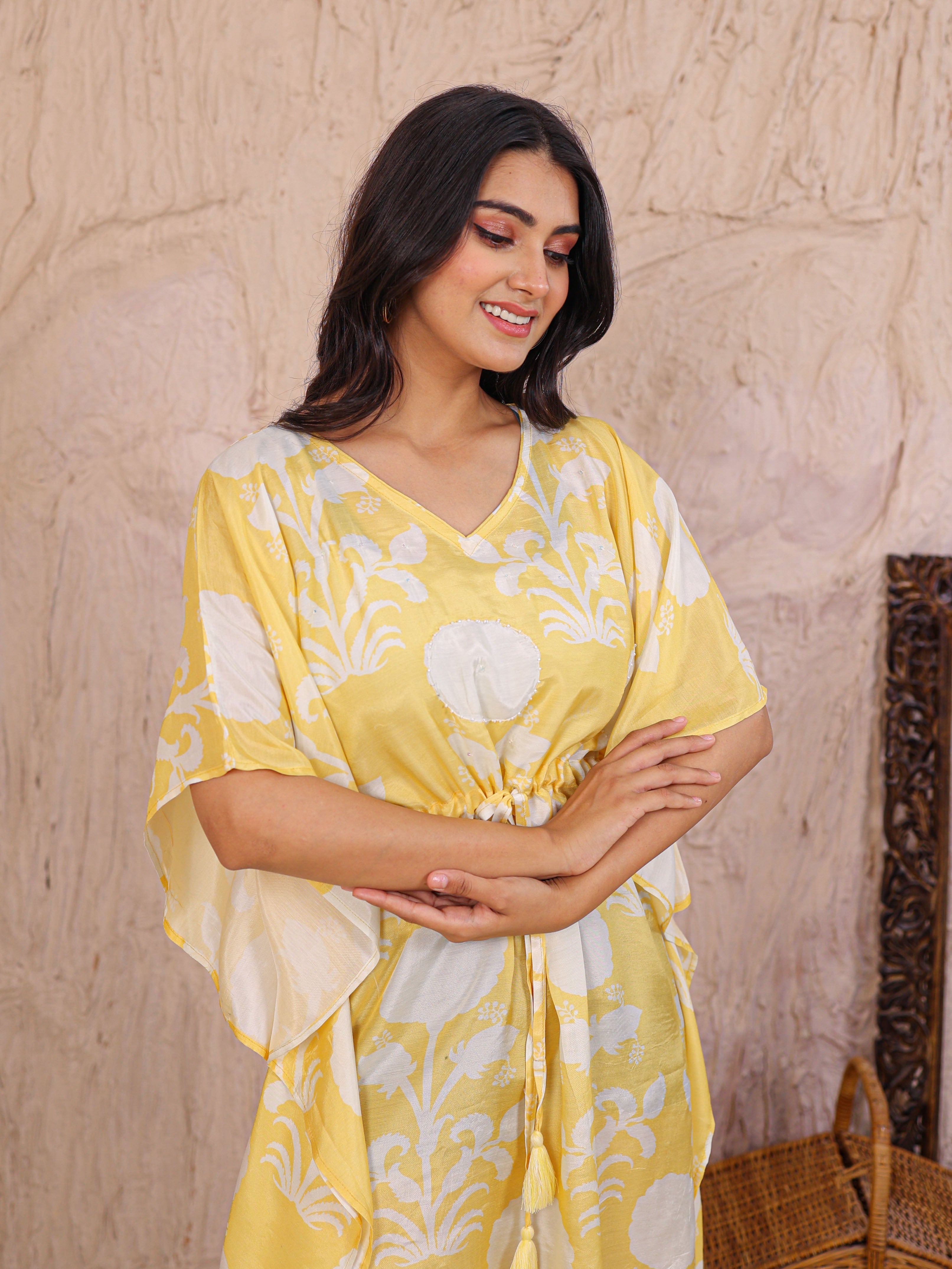 Printed Silk Blend Kaftan Dress Enhanced with Pearl work