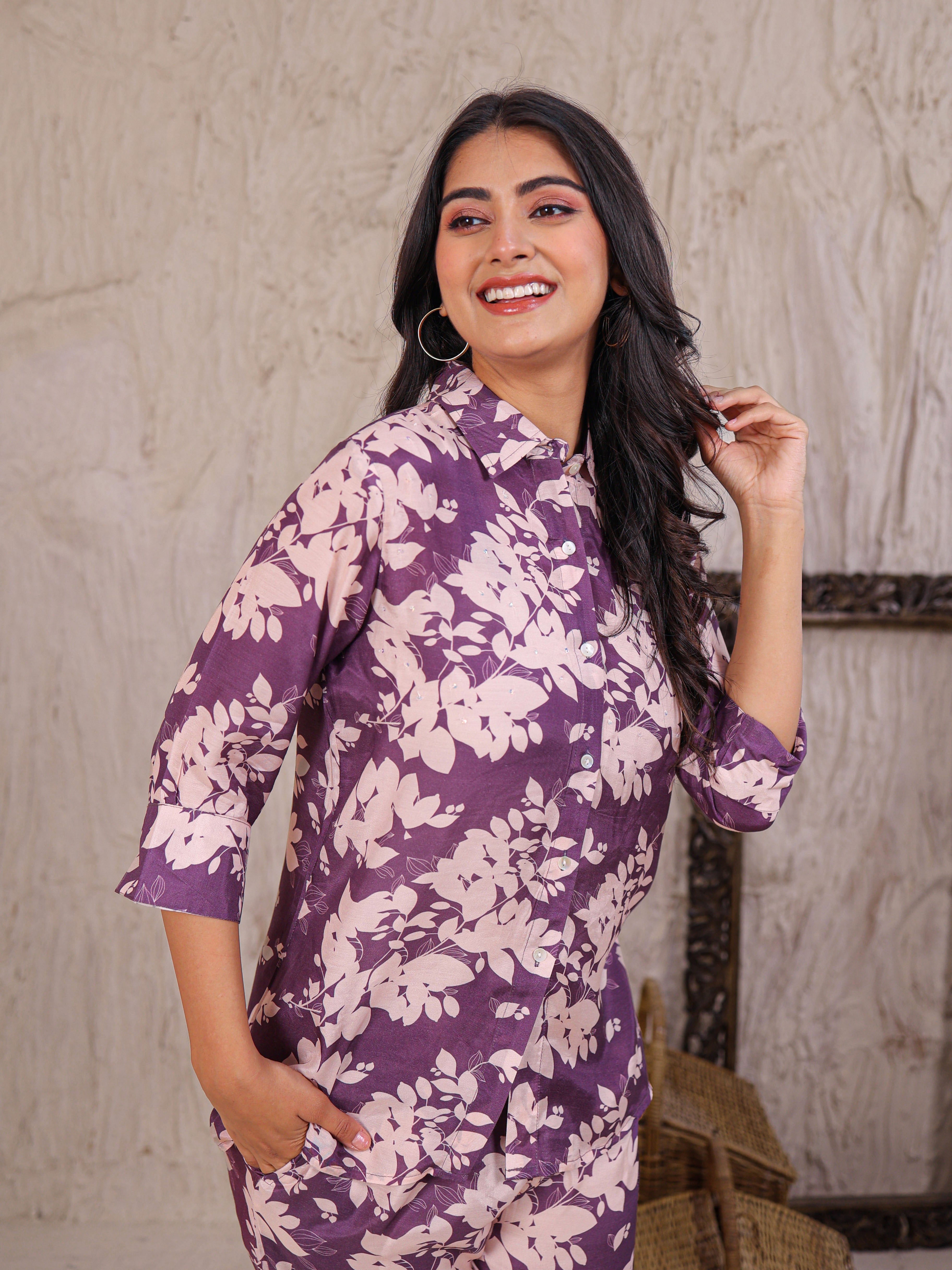 Printed Silk Blend Co Ord Set Embellished with Sequins work