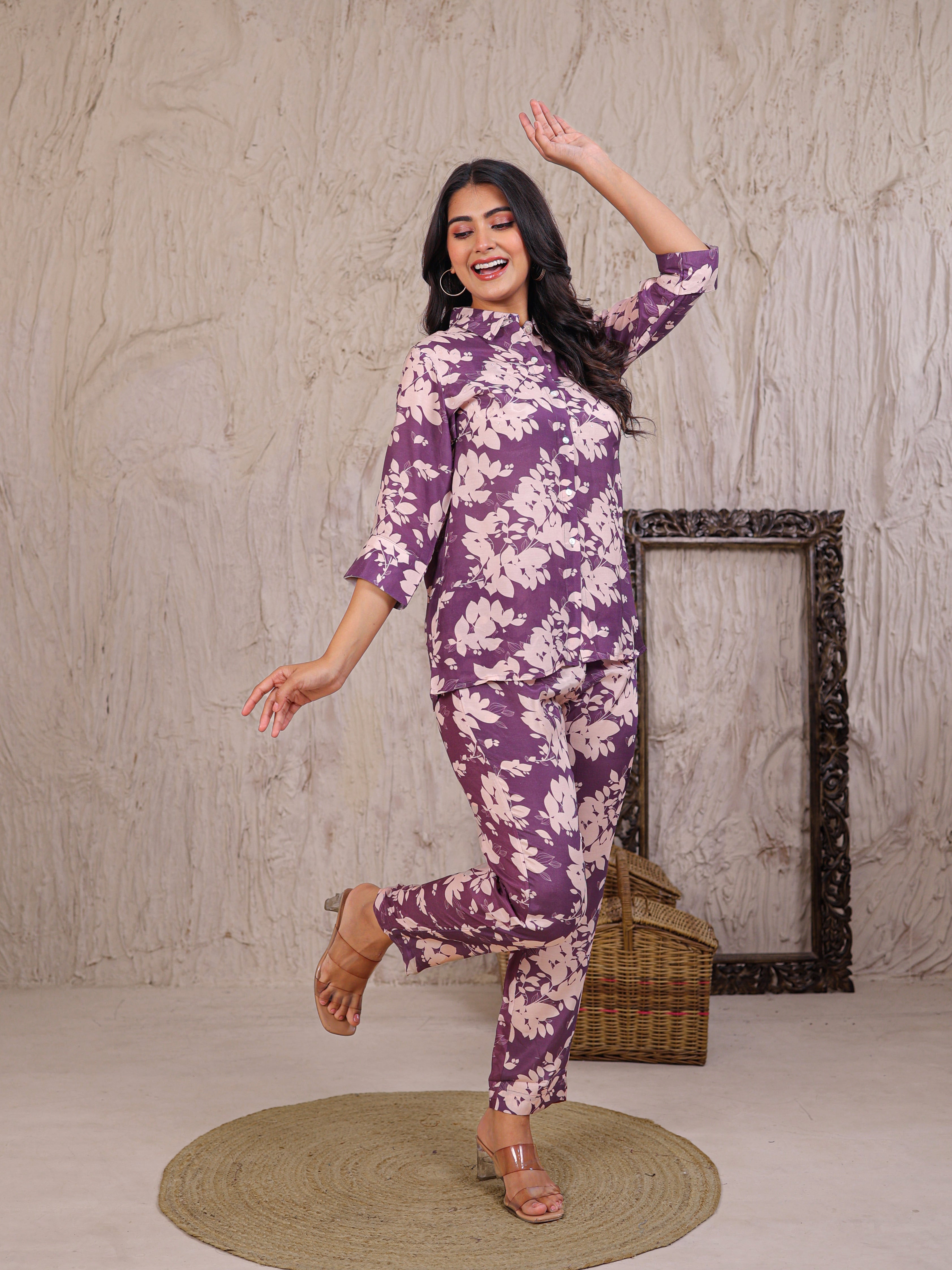 Printed Silk Blend Co Ord Set Embellished with Sequins work