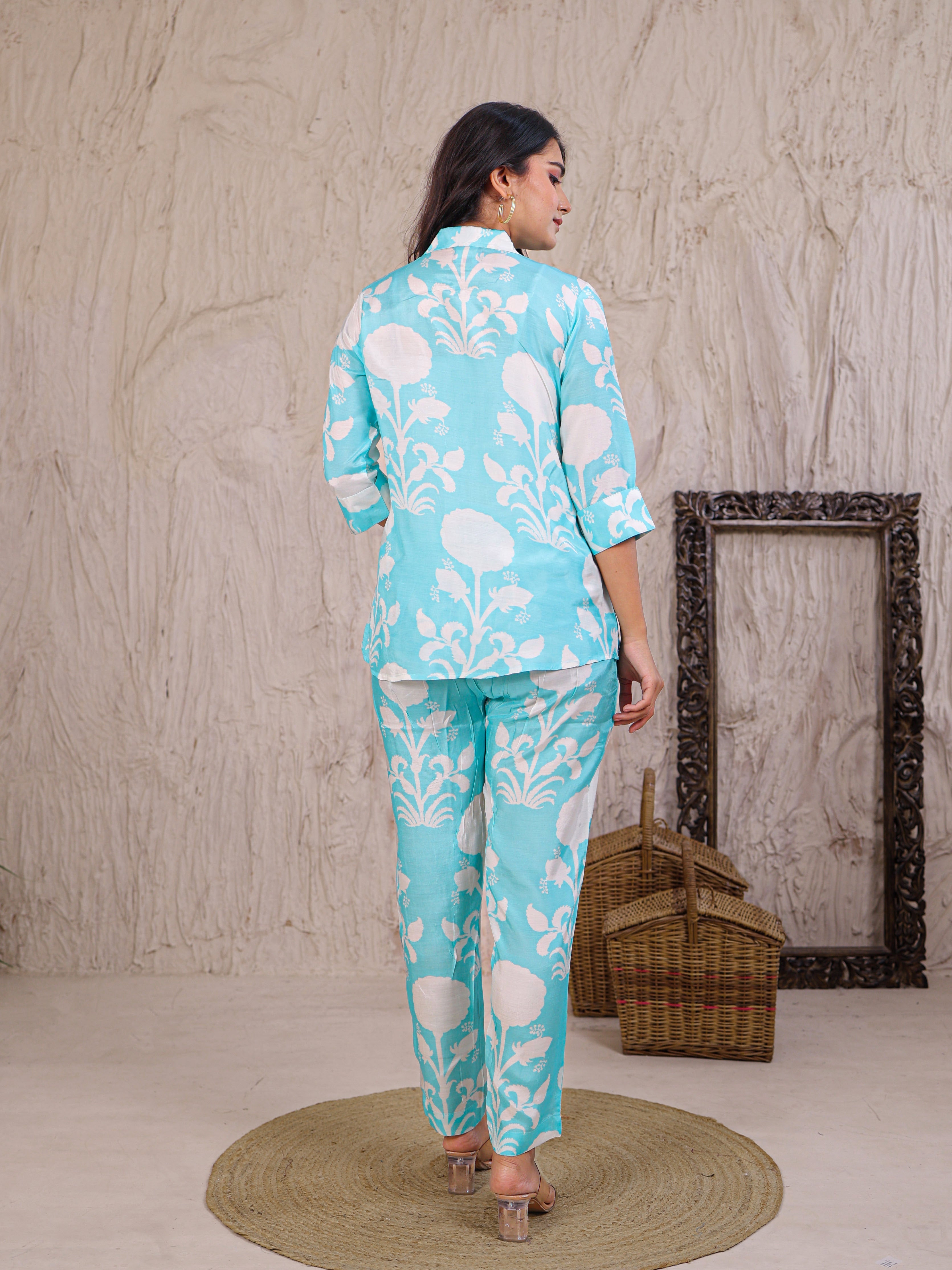 Printed Silk Blend Co Ords Set Embellished with Pearl work