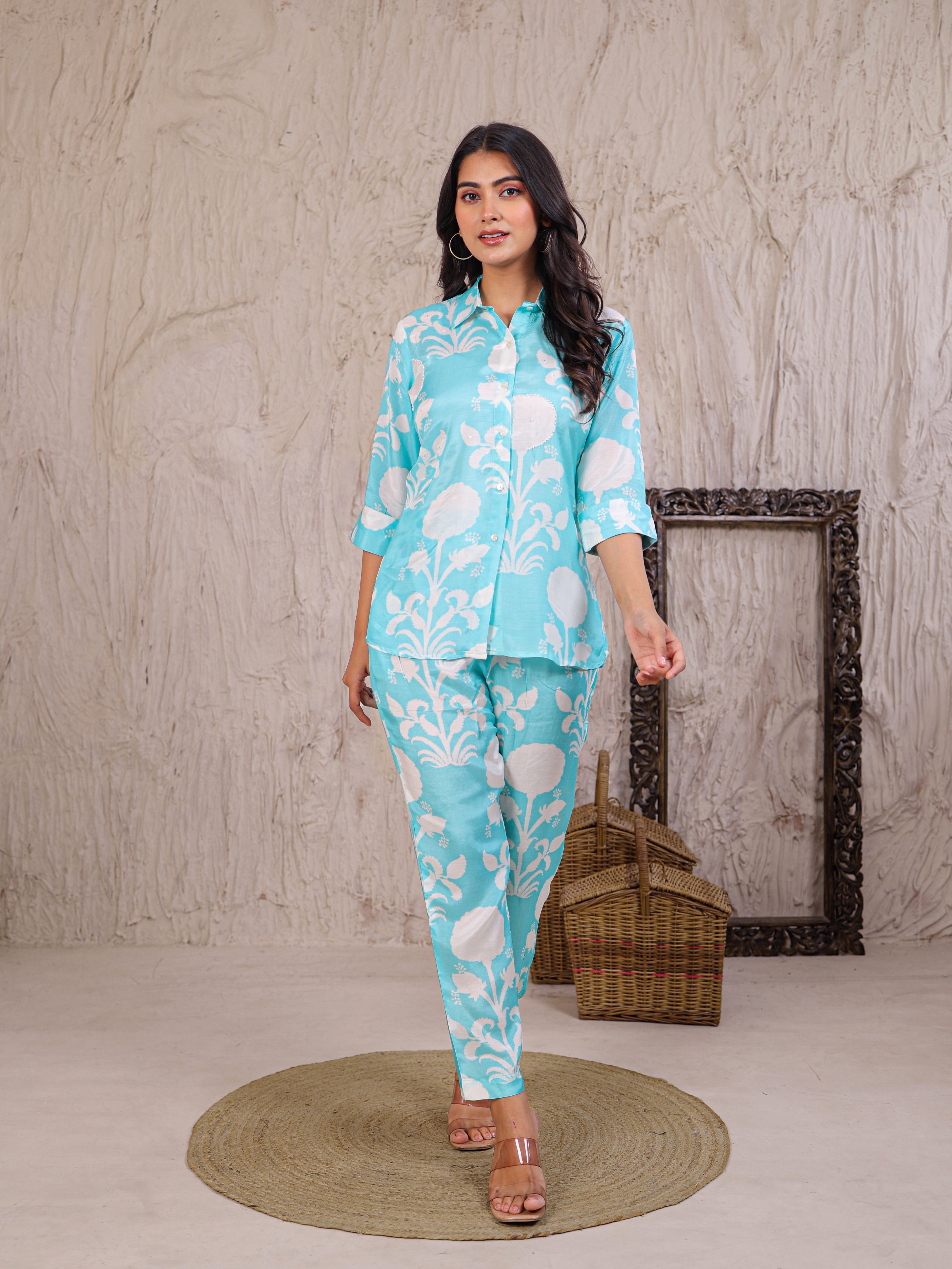 Printed Silk Blend Co Ords Set Embellished with Pearl work