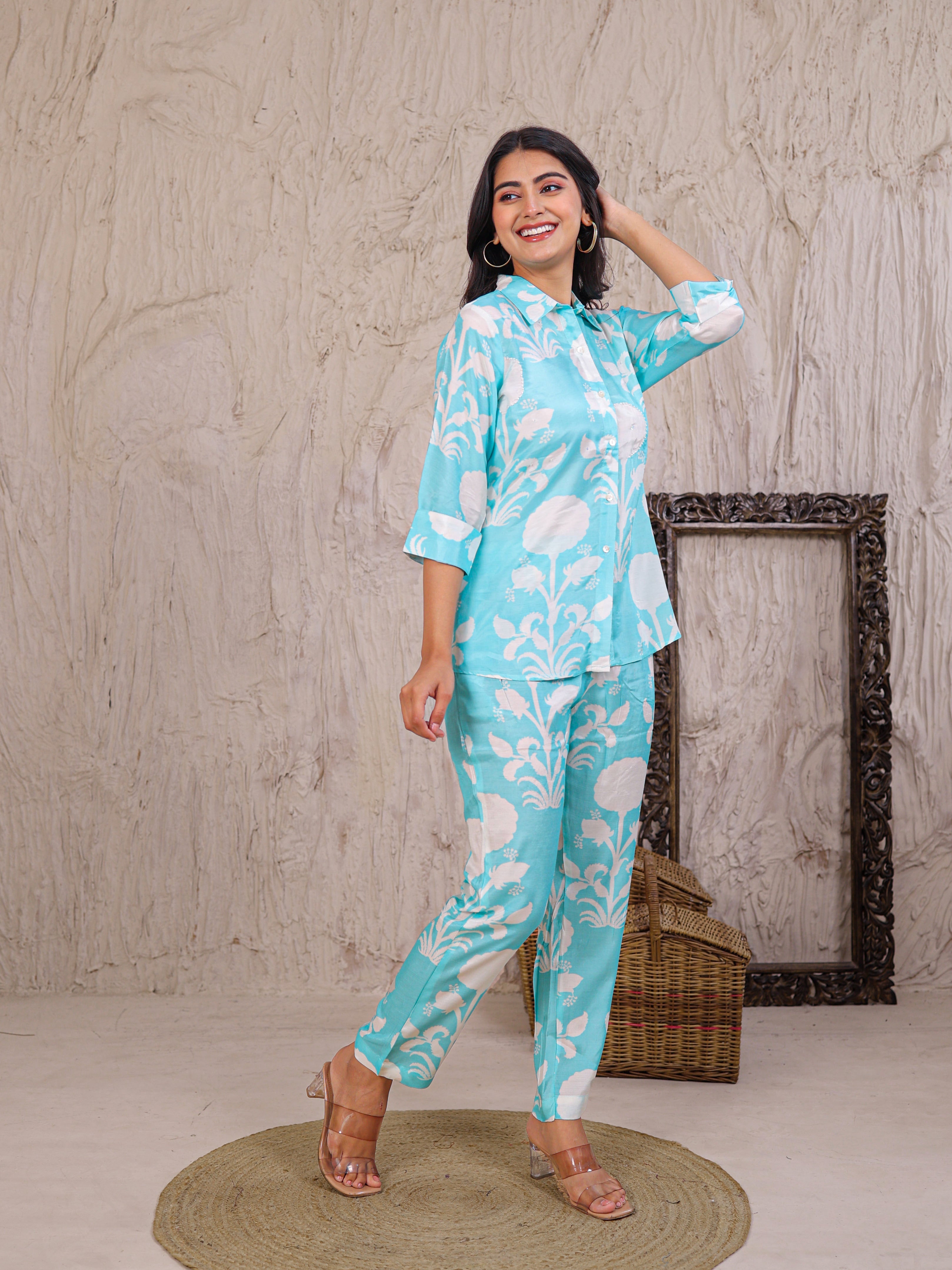 Printed Silk Blend Co Ords Set Embellished with Pearl work