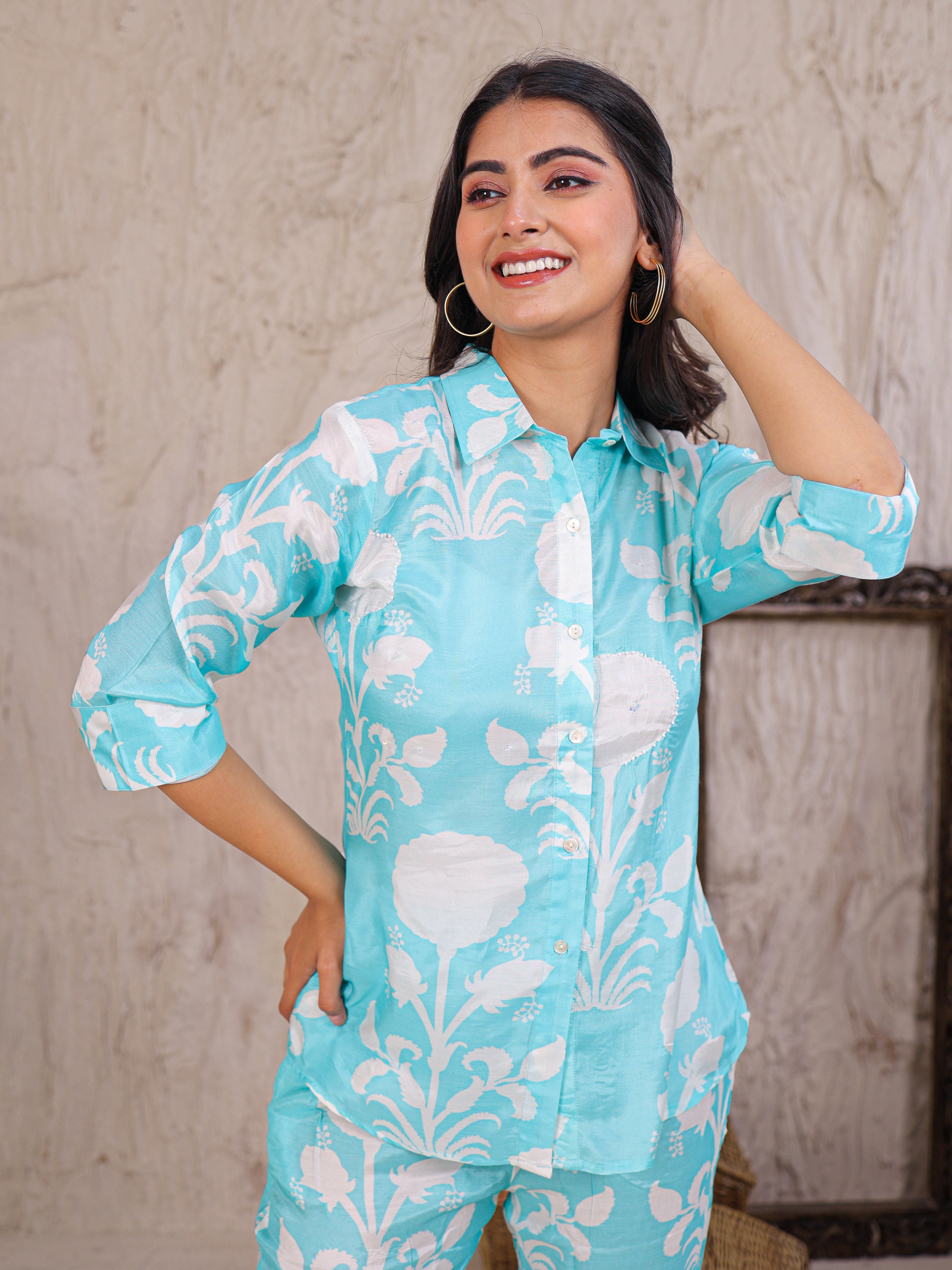 Printed Silk Blend Co Ords Set Embellished with Pearl work