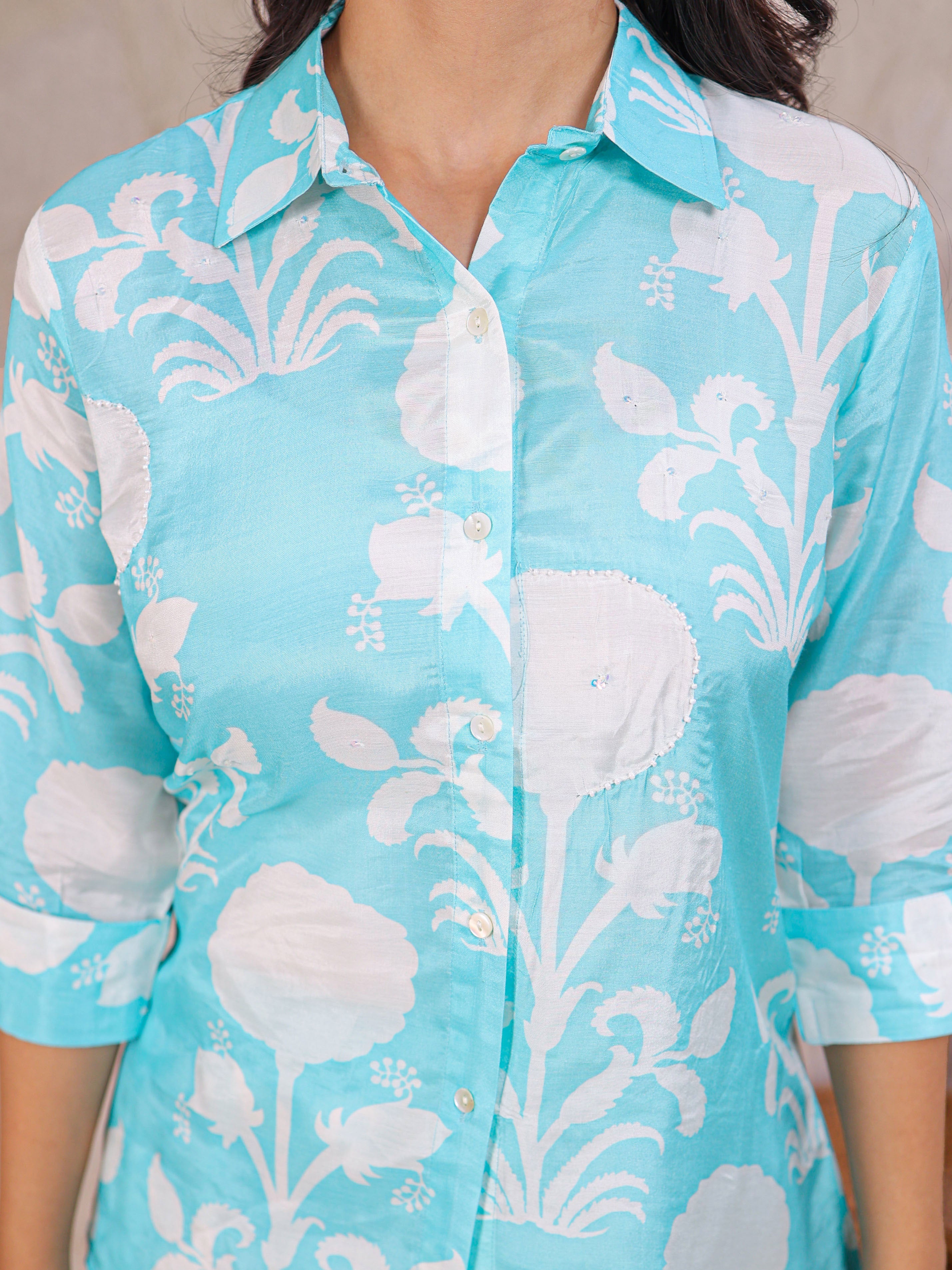 Printed Silk Blend Co Ords Set Embellished with Pearl work