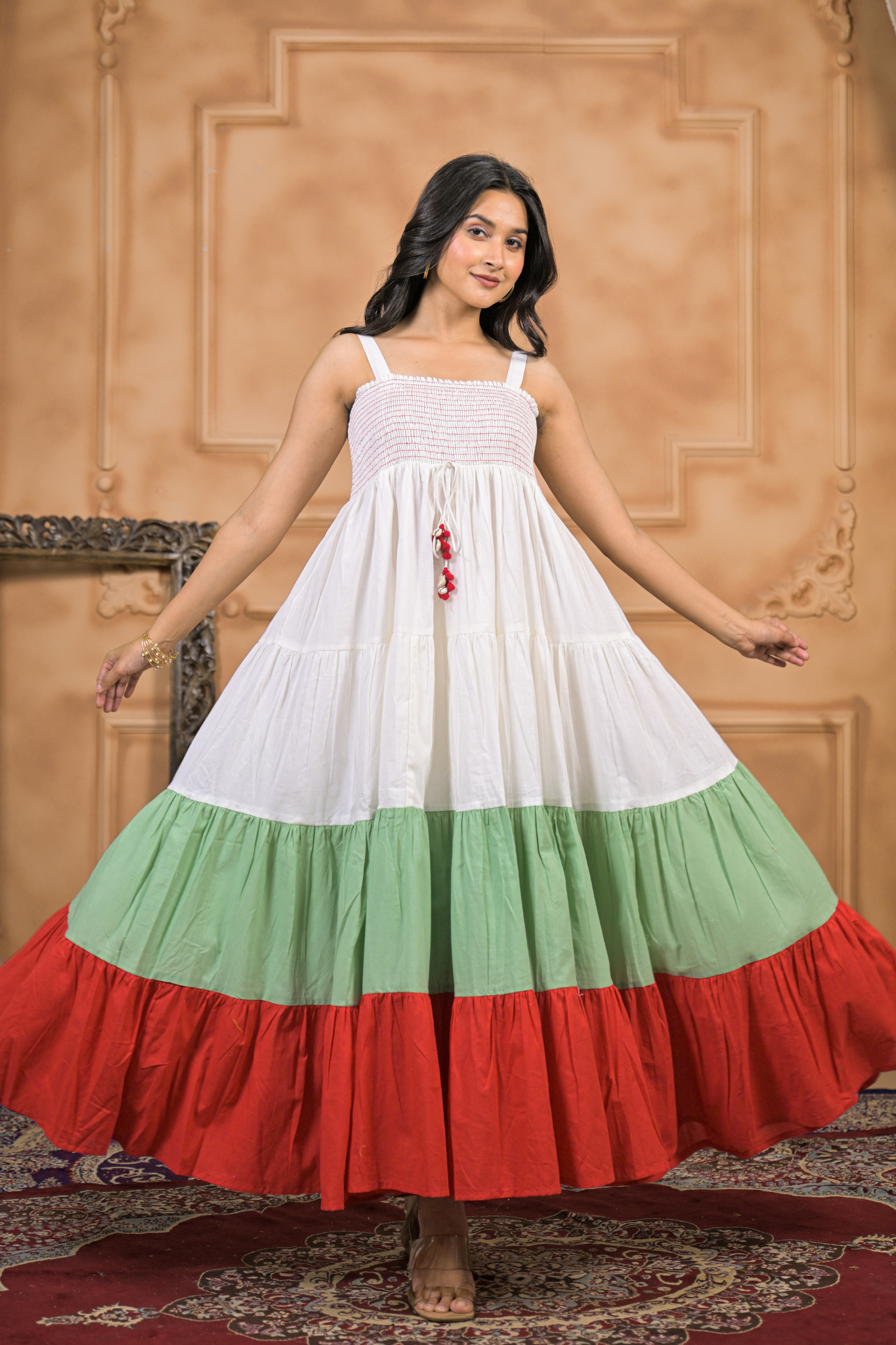 Colorblocked Cotton Kurta Dress Embellished with Thread Work