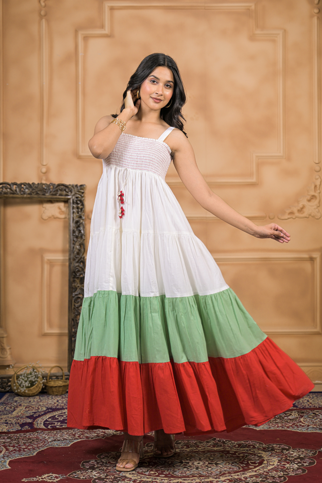 Colorblocked Cotton Kurta Dress Embellished with Thread Work