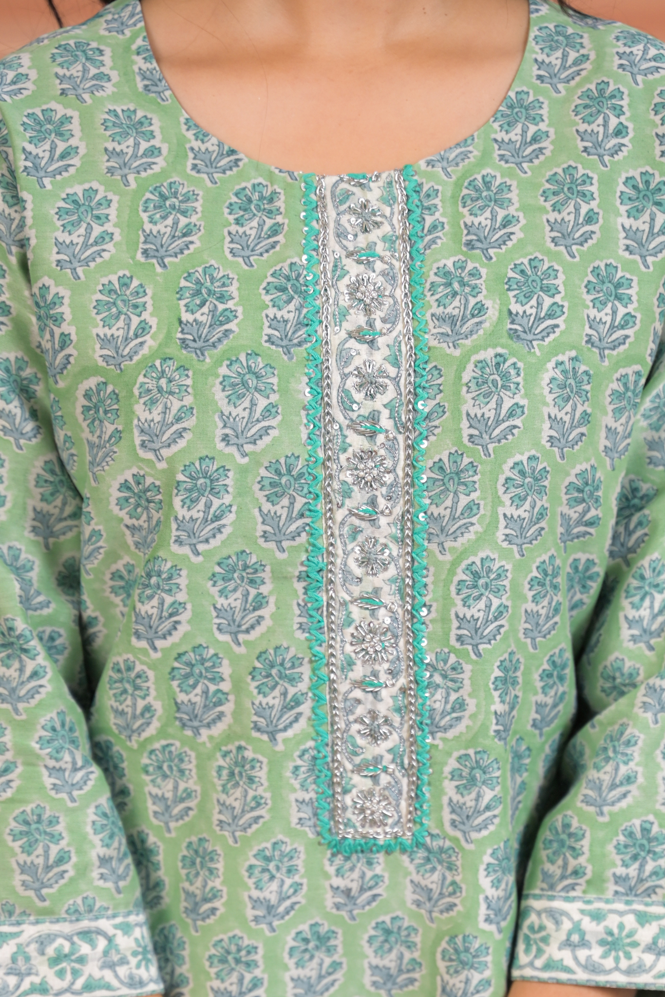 Printed Cotton Chanderi Suit with Aari, Thread and Zardozi work