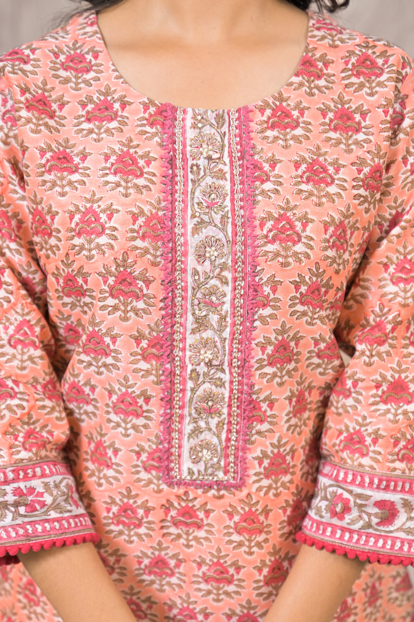 Printed Cotton Chanderi Suit with Aari, Thread and Zardozi work