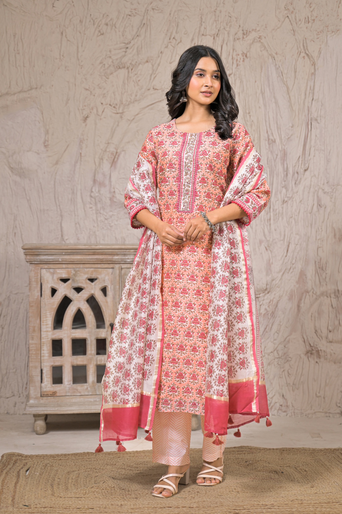Printed Cotton Chanderi Suit with Aari, Thread and Zardozi work