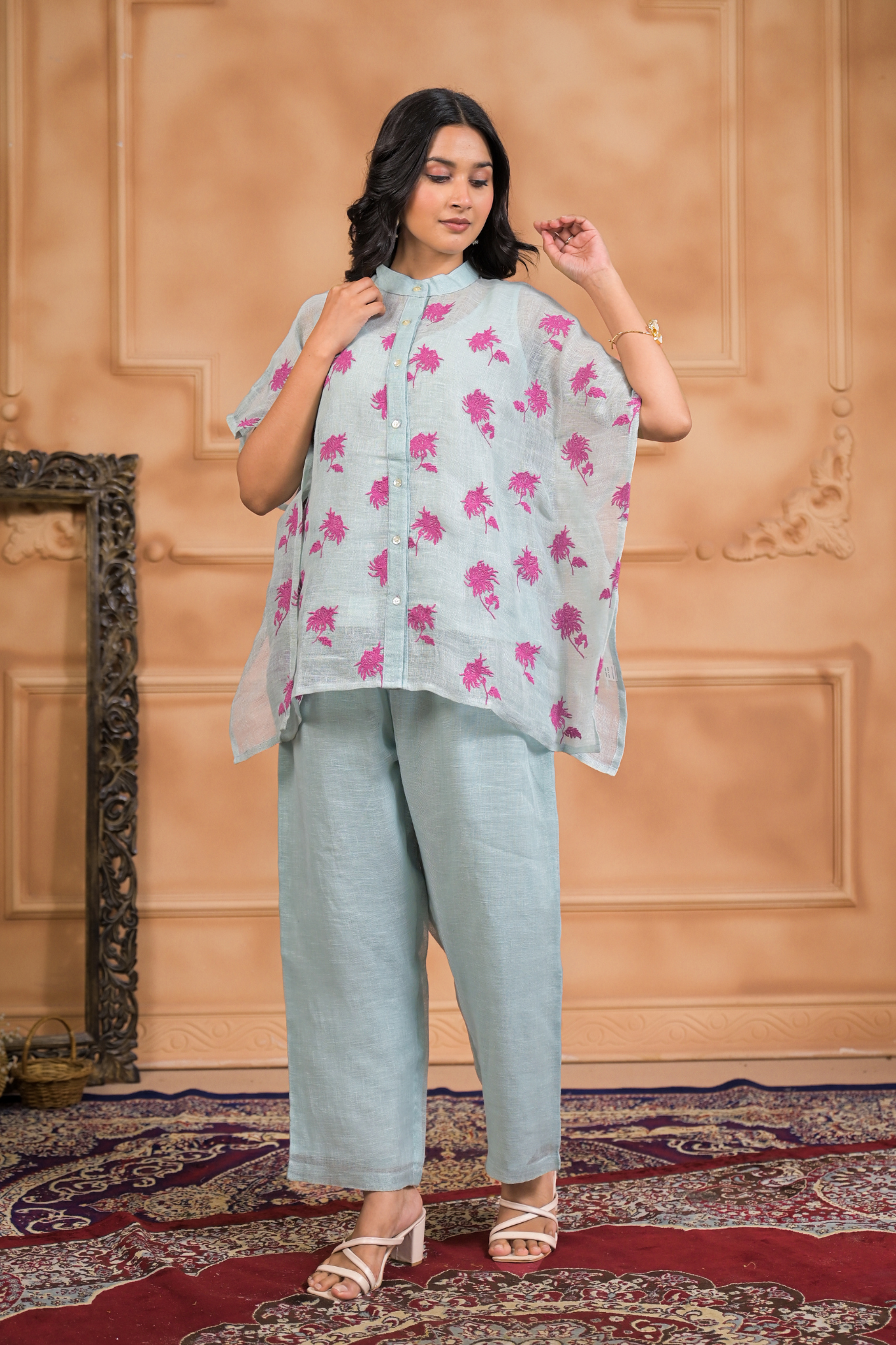 Embroidered Linen Kaftan Set Stitched