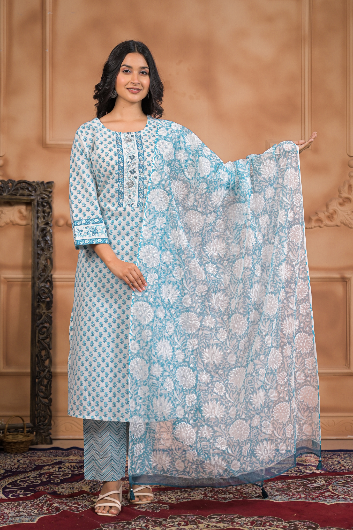 Printed Cotton Kurta Set with Aari, Thread and Zardozi work