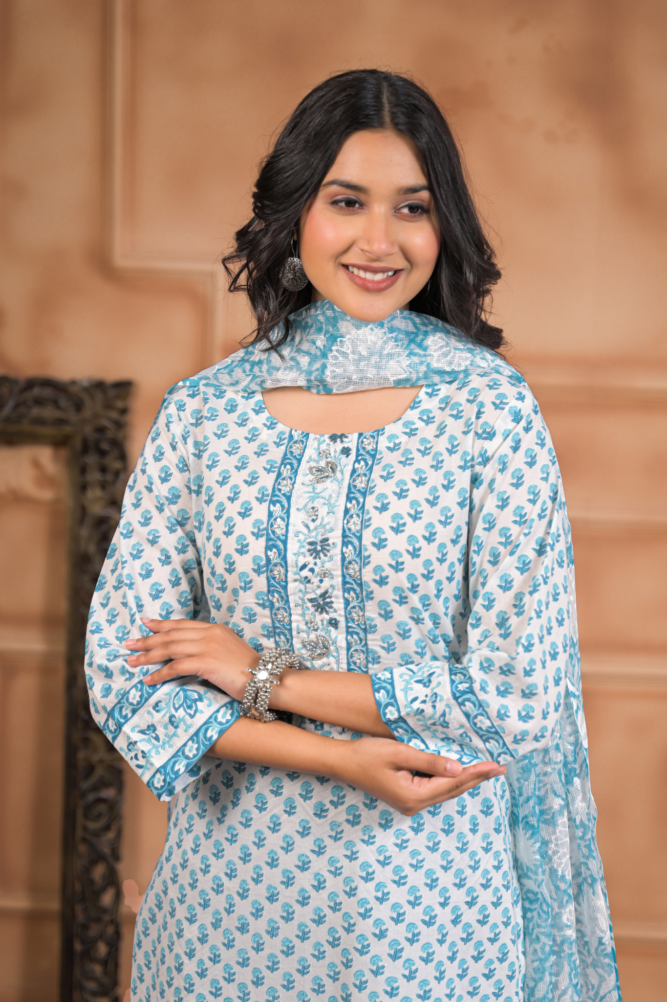 Printed Cotton Kurta Set with Aari, Thread and Zardozi work