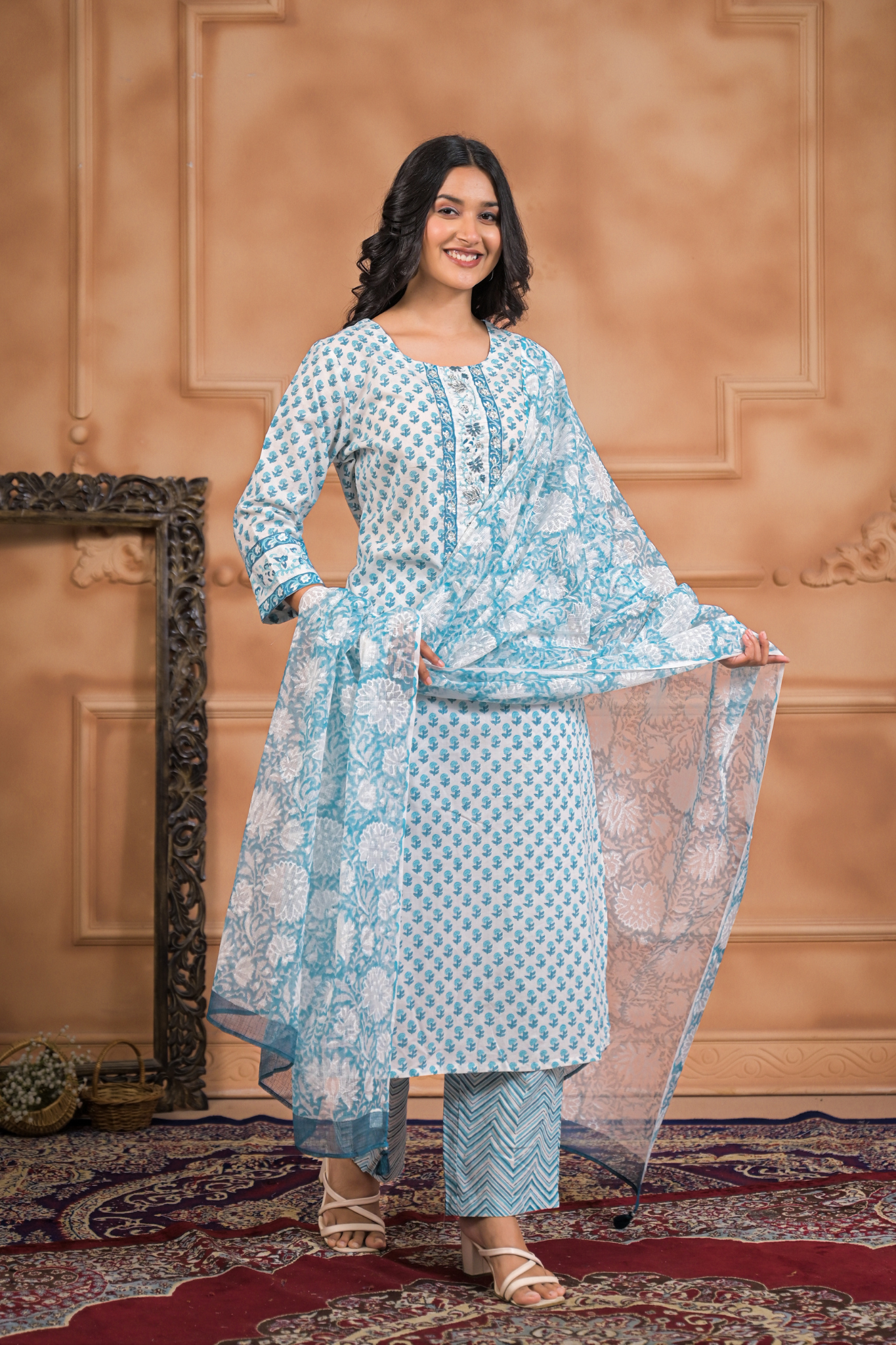 Printed Cotton Kurta Set with Aari, Thread and Zardozi work