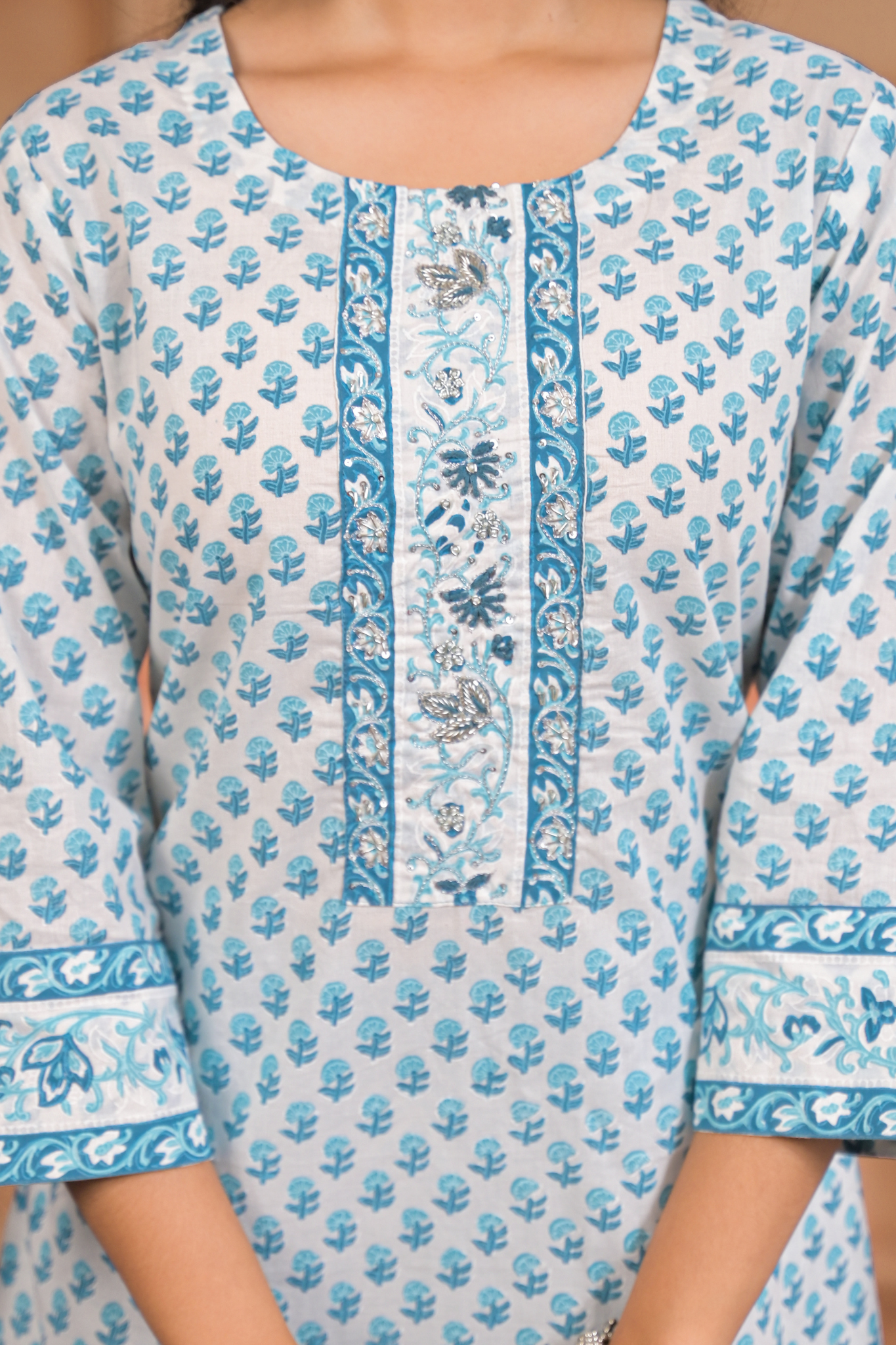 Printed Cotton Kurta Set with Aari, Thread and Zardozi work