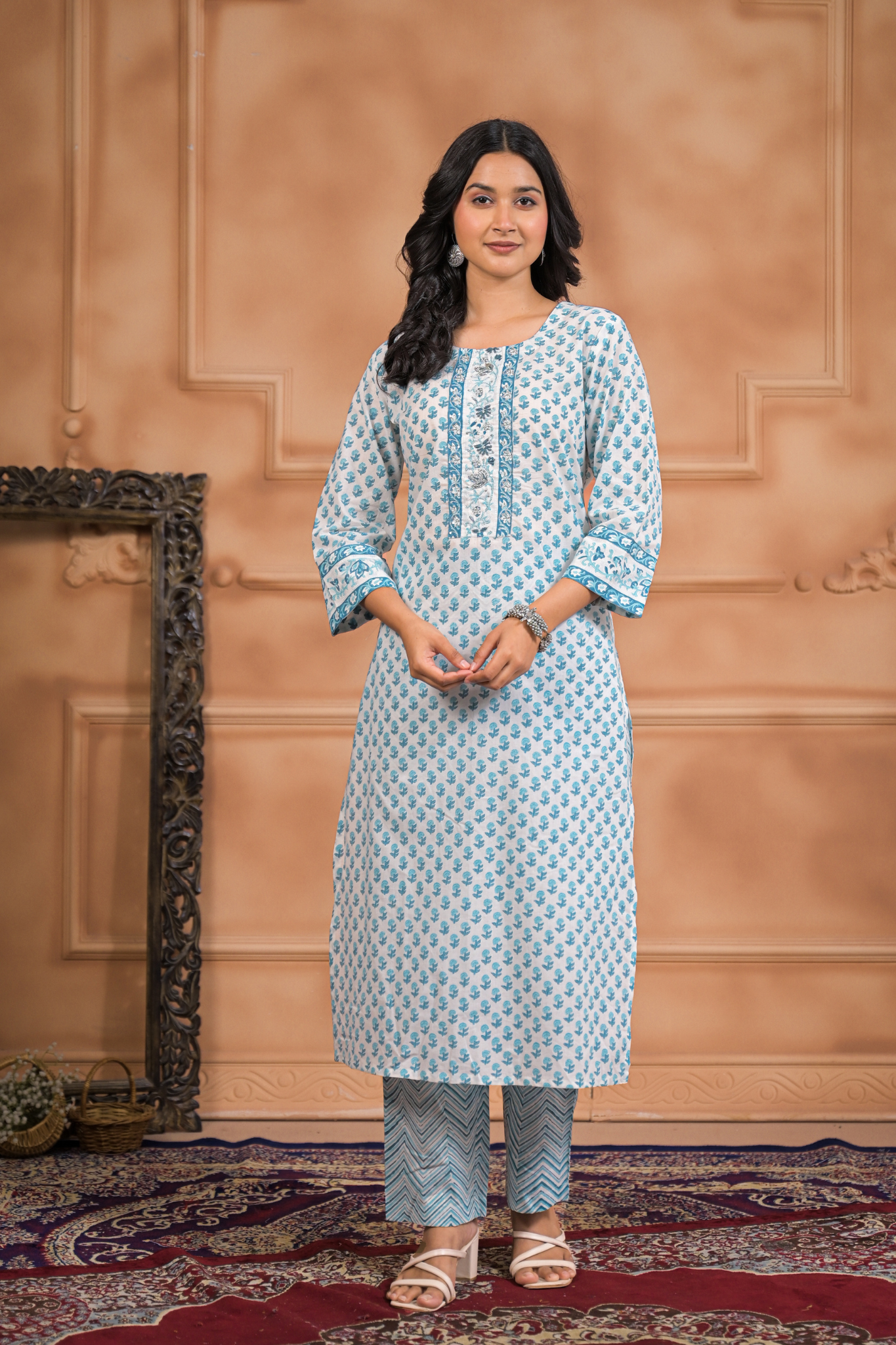 Printed Cotton Kurta Set with Aari, Thread and Zardozi work