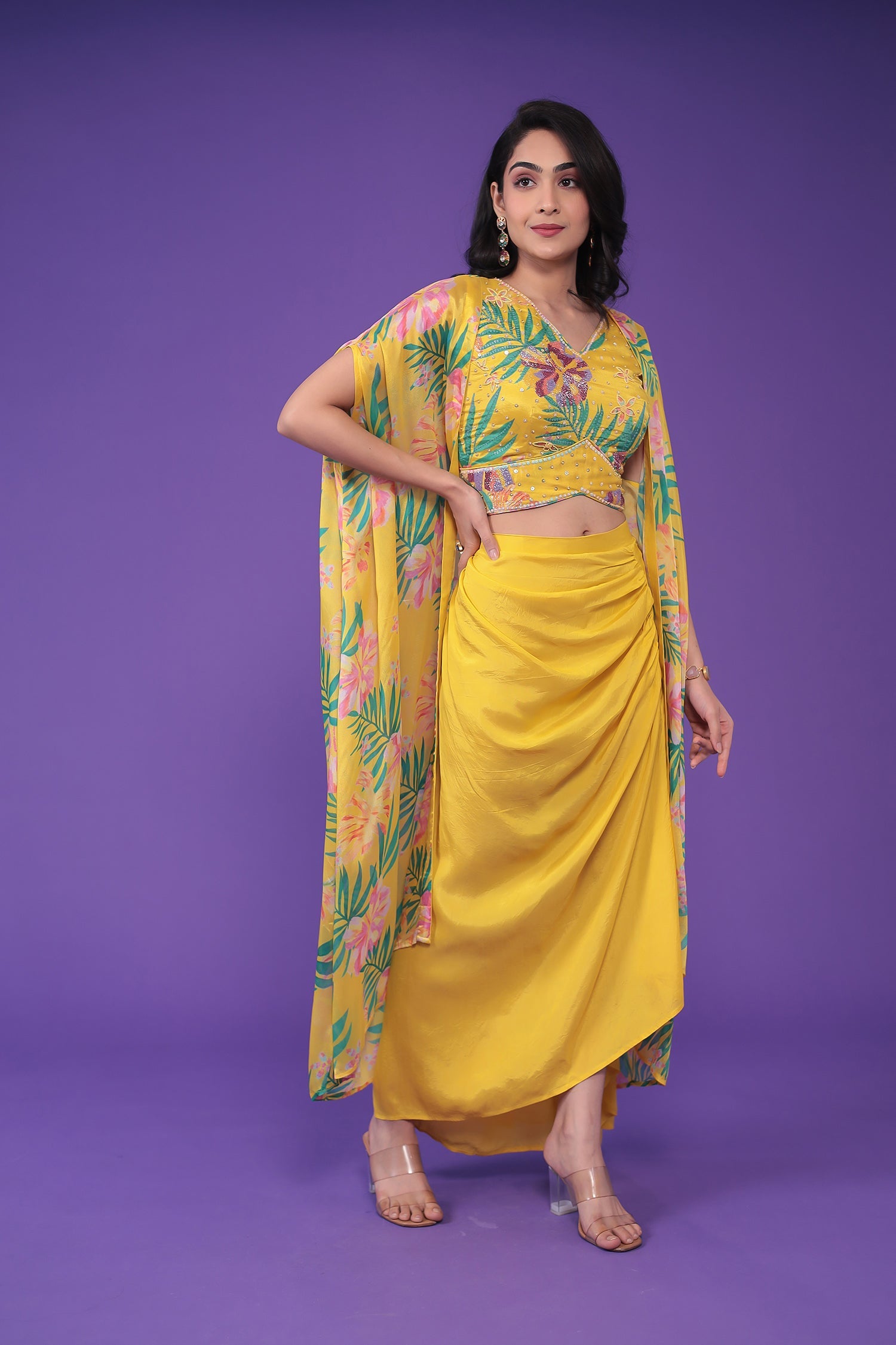 Printed Chinon Indowestern Embellished with Cutdana and Pearl work