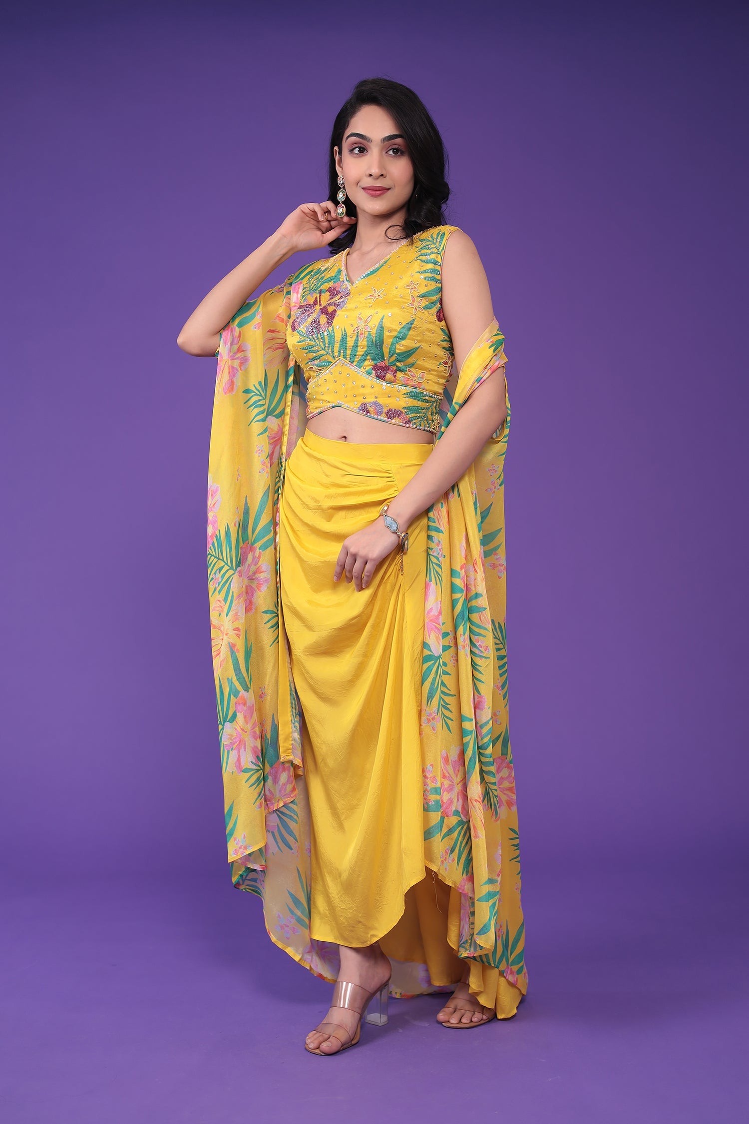 Printed Chinon Indowestern Embellished with Cutdana and Pearl work