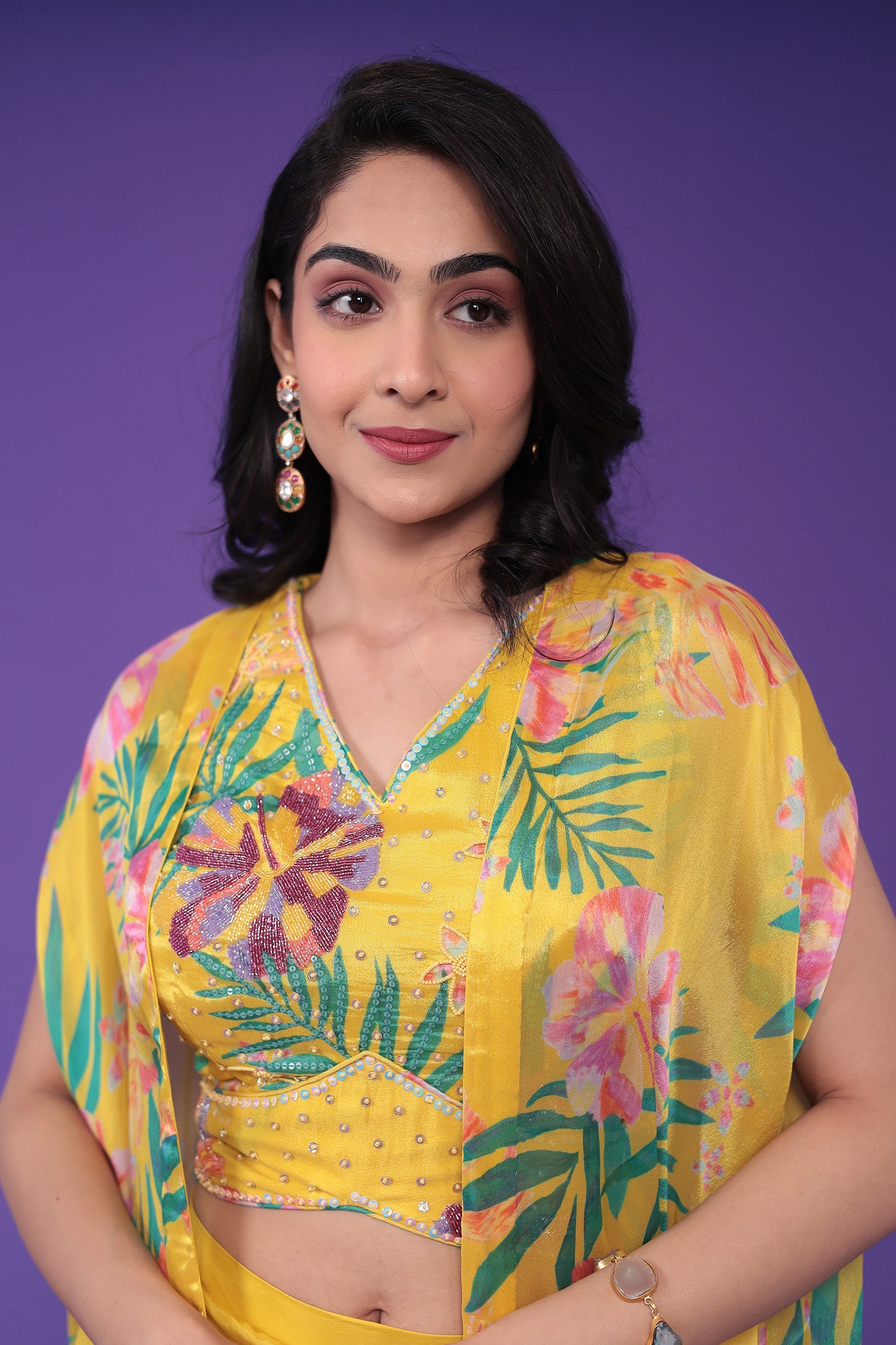 Printed Chinon Indowestern Embellished with Cutdana and Pearl work