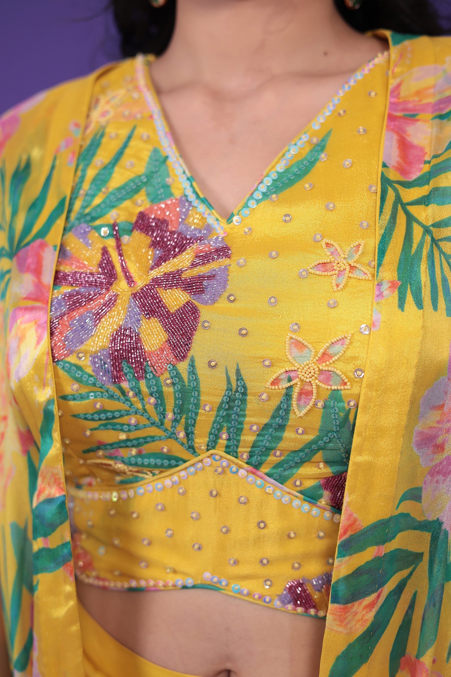 Printed Chinon Indowestern Embellished with Cutdana and Pearl work