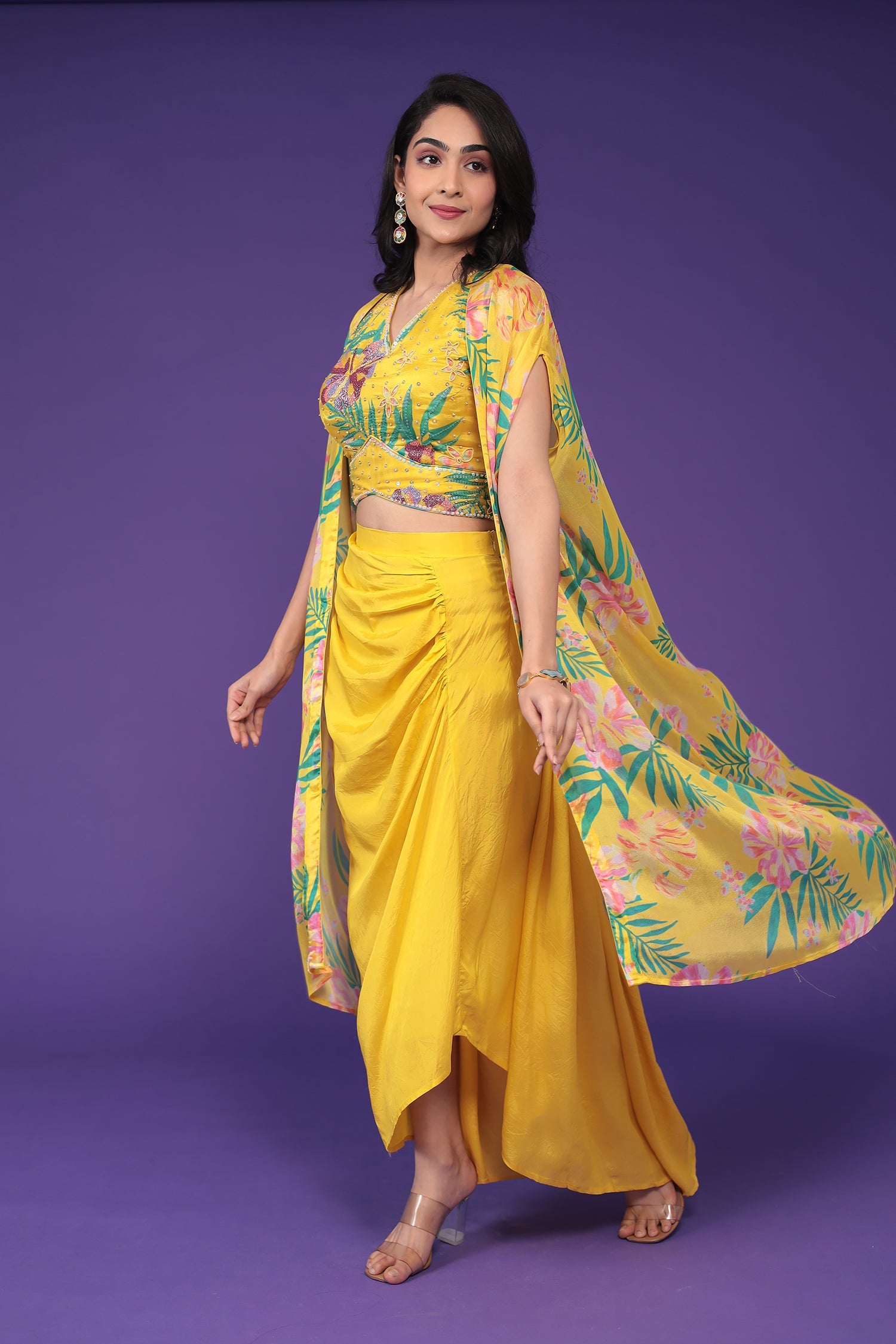 Printed Chinon Indowestern Embellished with Cutdana and Pearl work