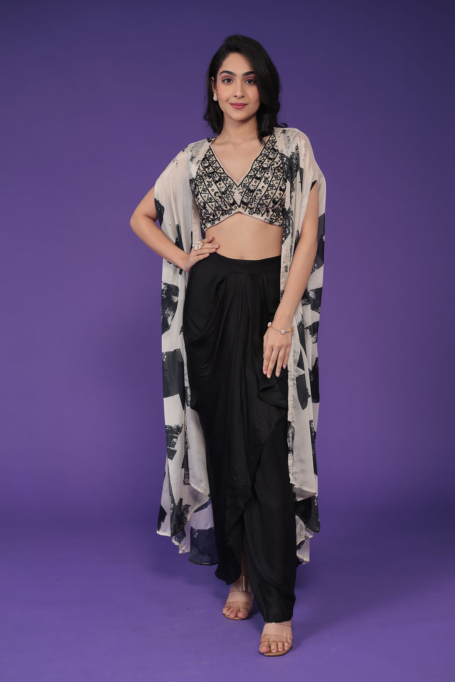 Printed Chinon Indowestern Embroidered with Mirror work