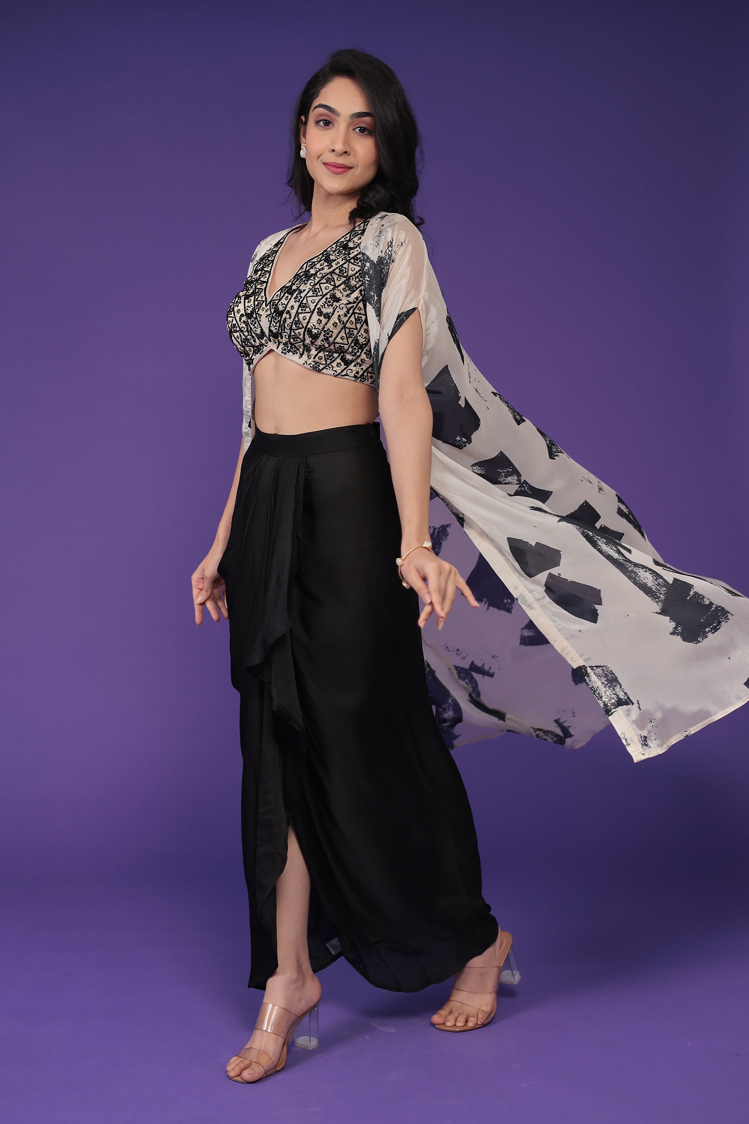 Printed Chinon Indowestern Embroidered with Mirror work