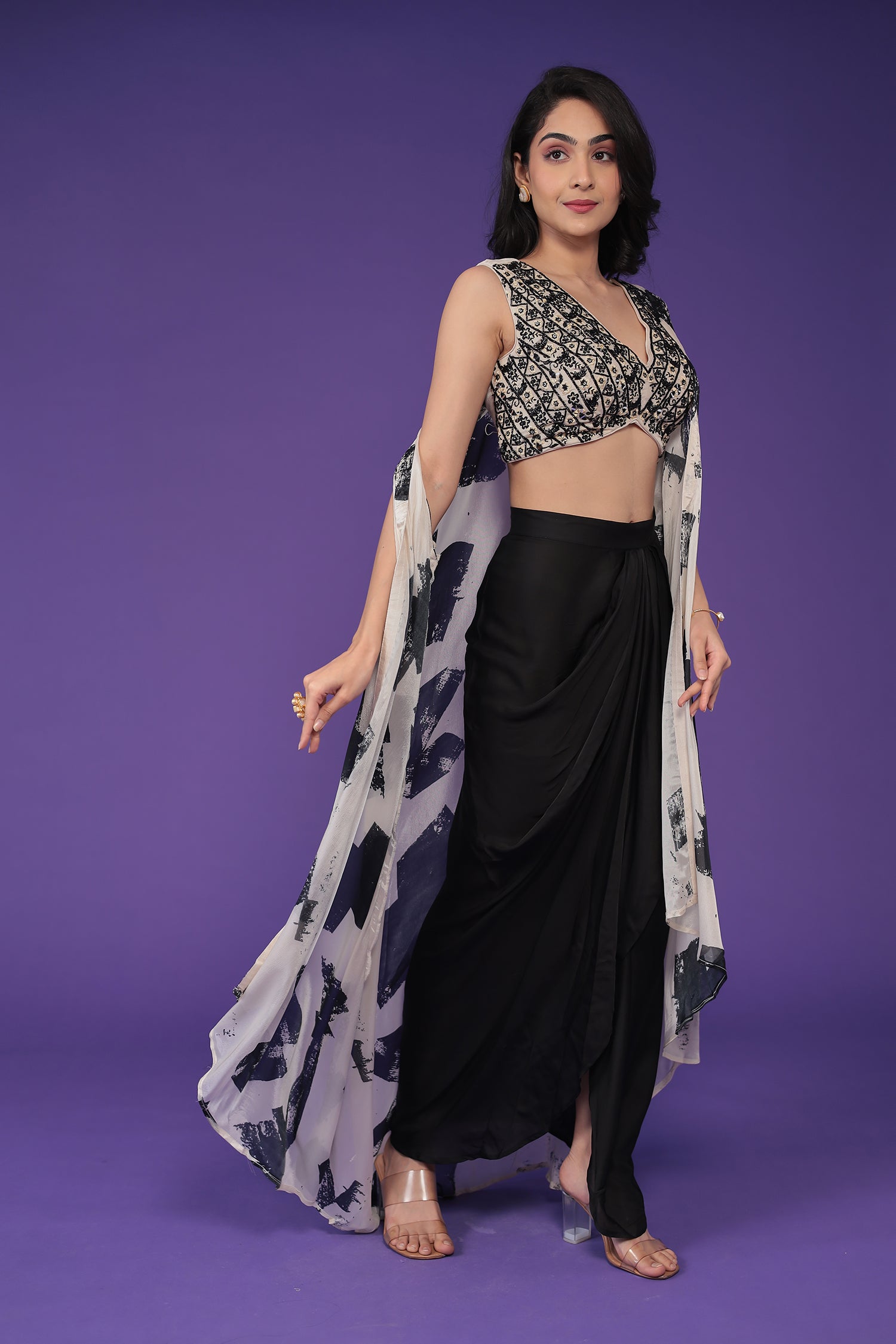 Printed Chinon Indowestern Embroidered with Mirror work