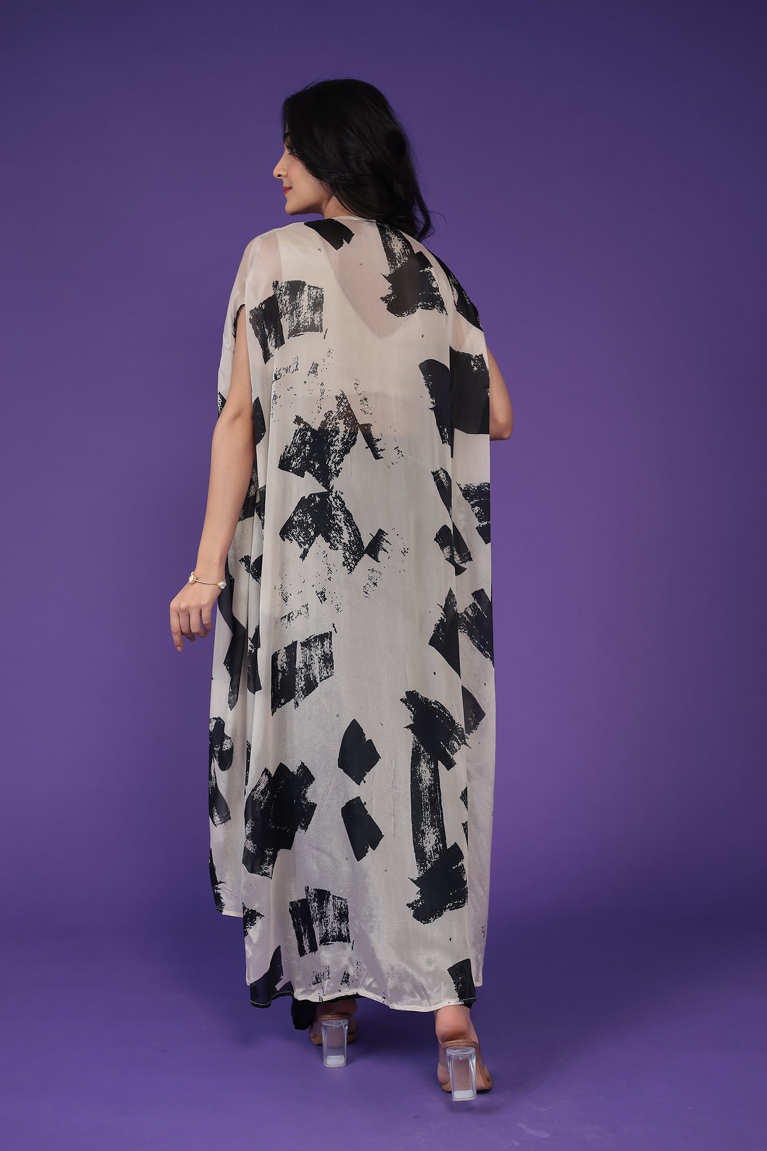 Printed Chinon Indowestern Embroidered with Mirror work