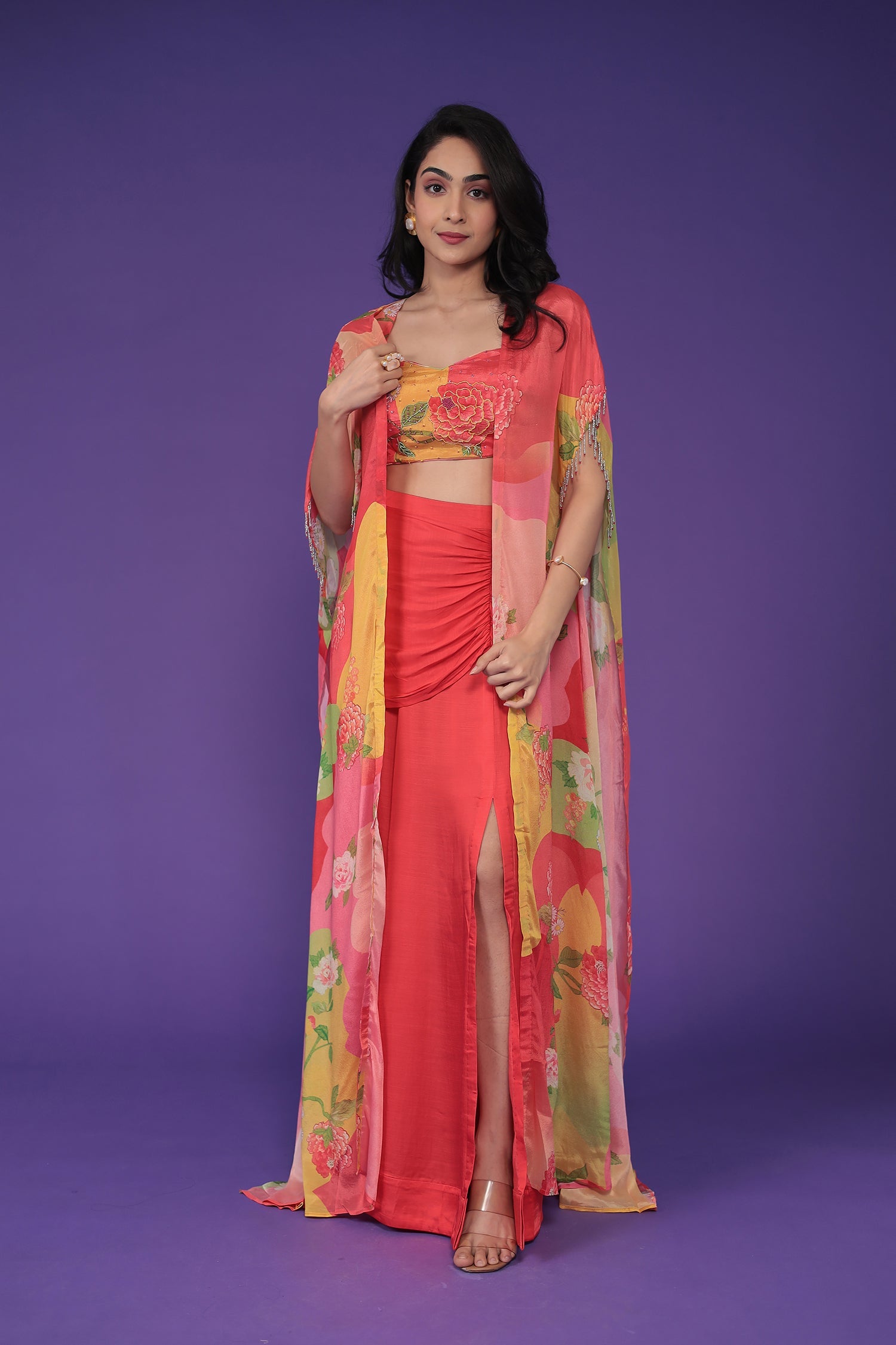 Printed Chinon Silk Indowestern with Embellished work