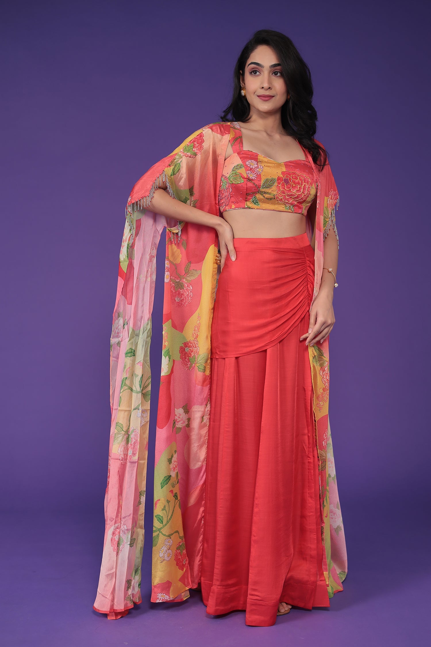 Printed Chinon Silk Indowestern with Embellished work