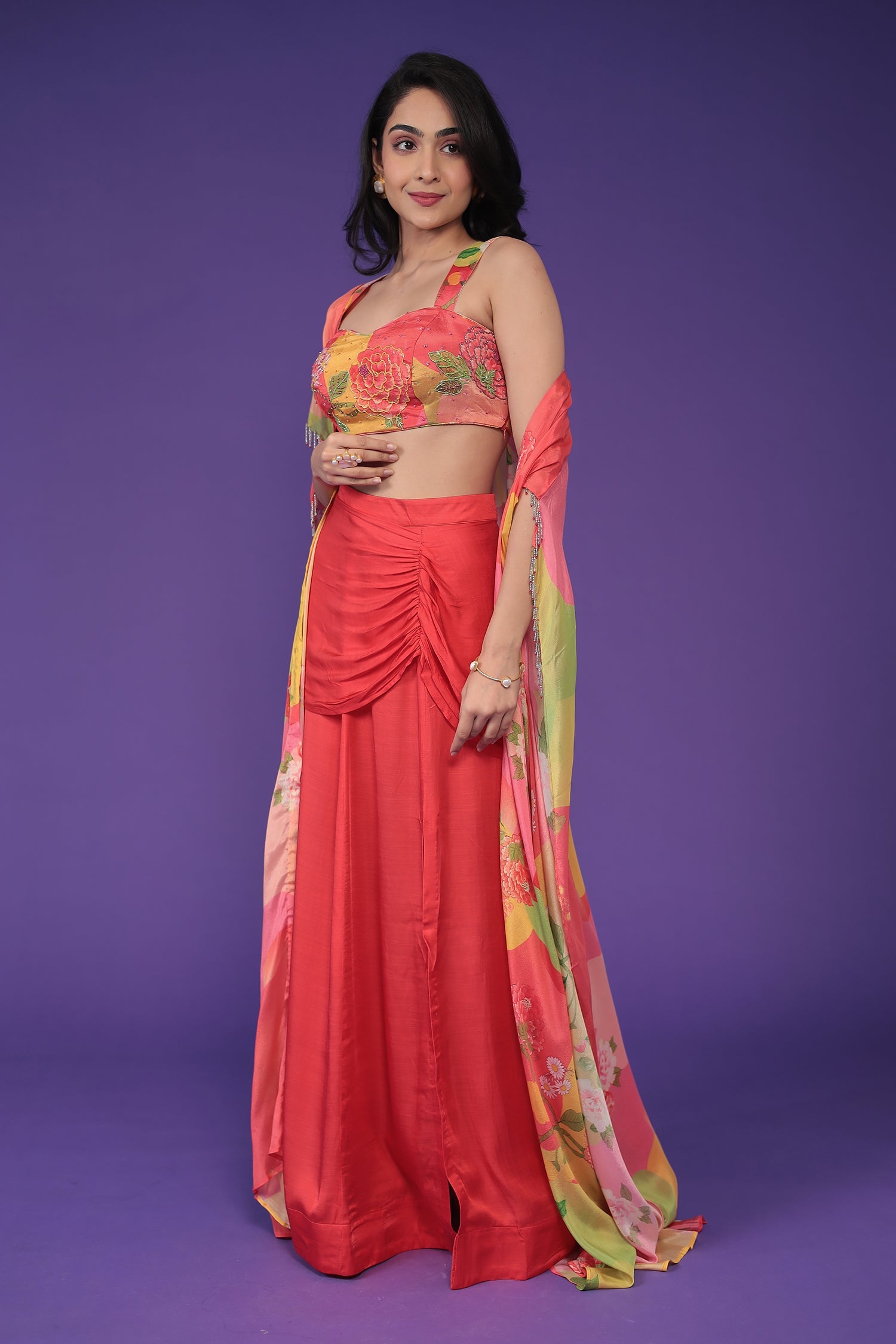 Printed Chinon Silk Indowestern with Embellished work