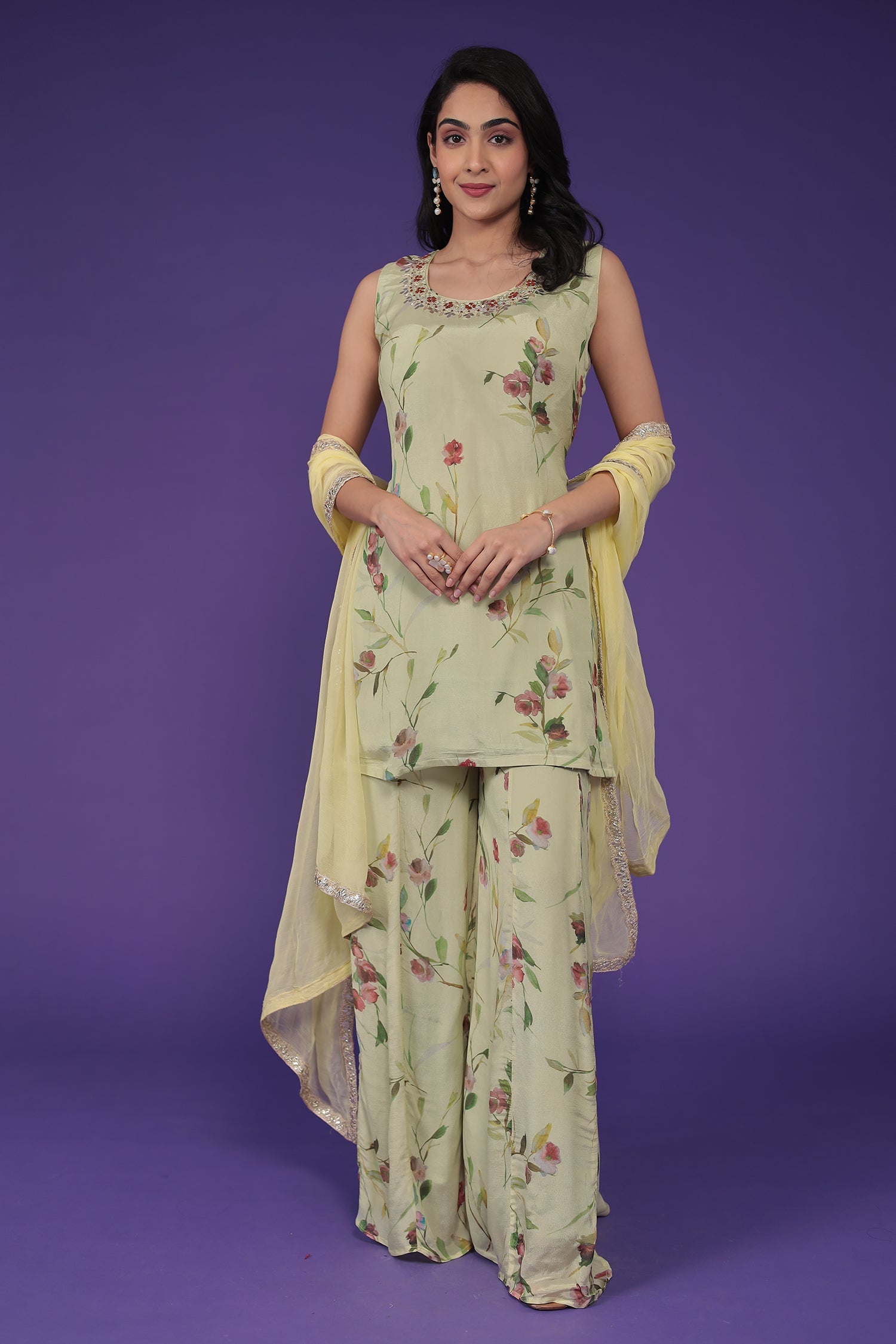 Printed Chinon Silk Suit with Embellished work