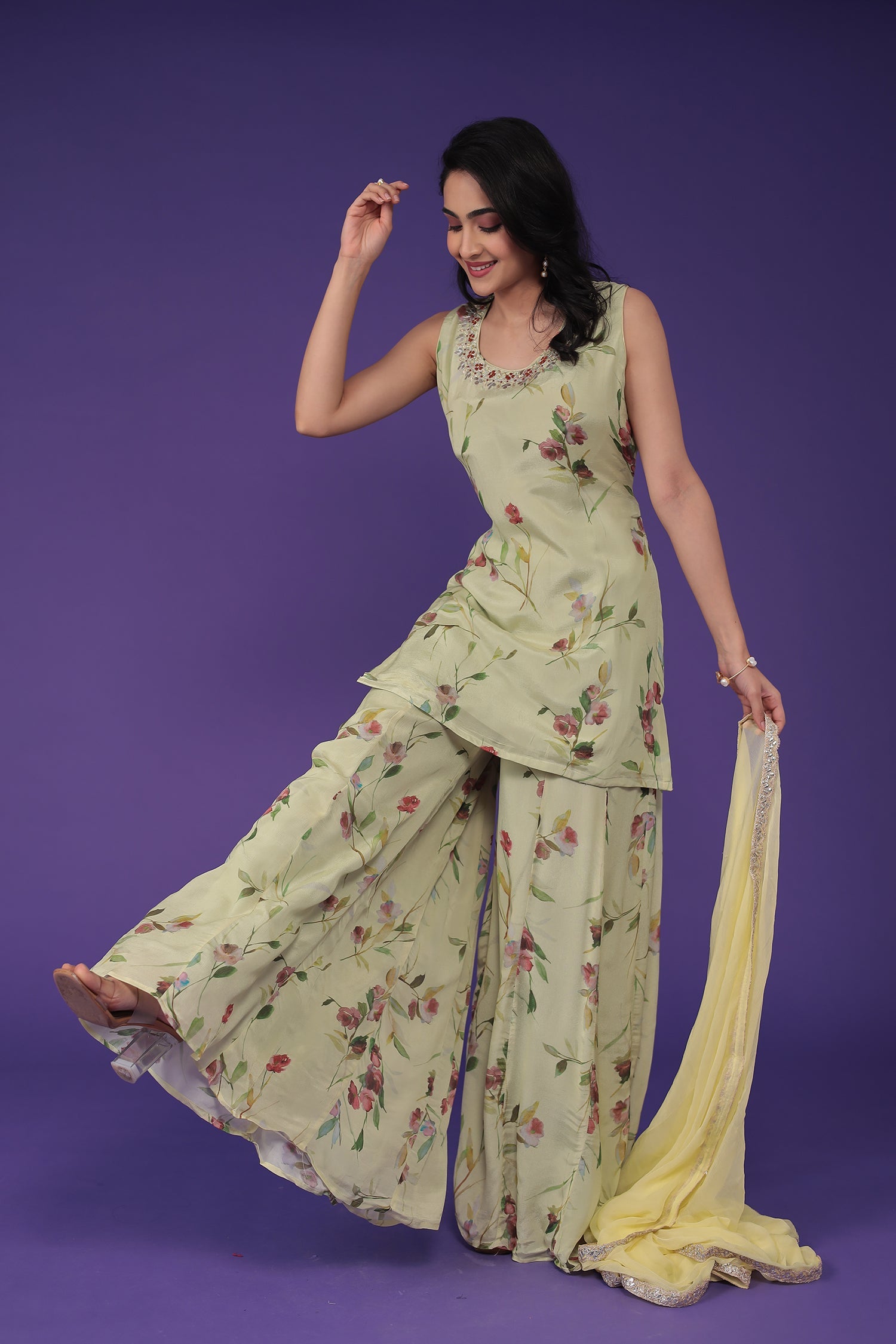 Printed Chinon Silk Suit with Embellished work