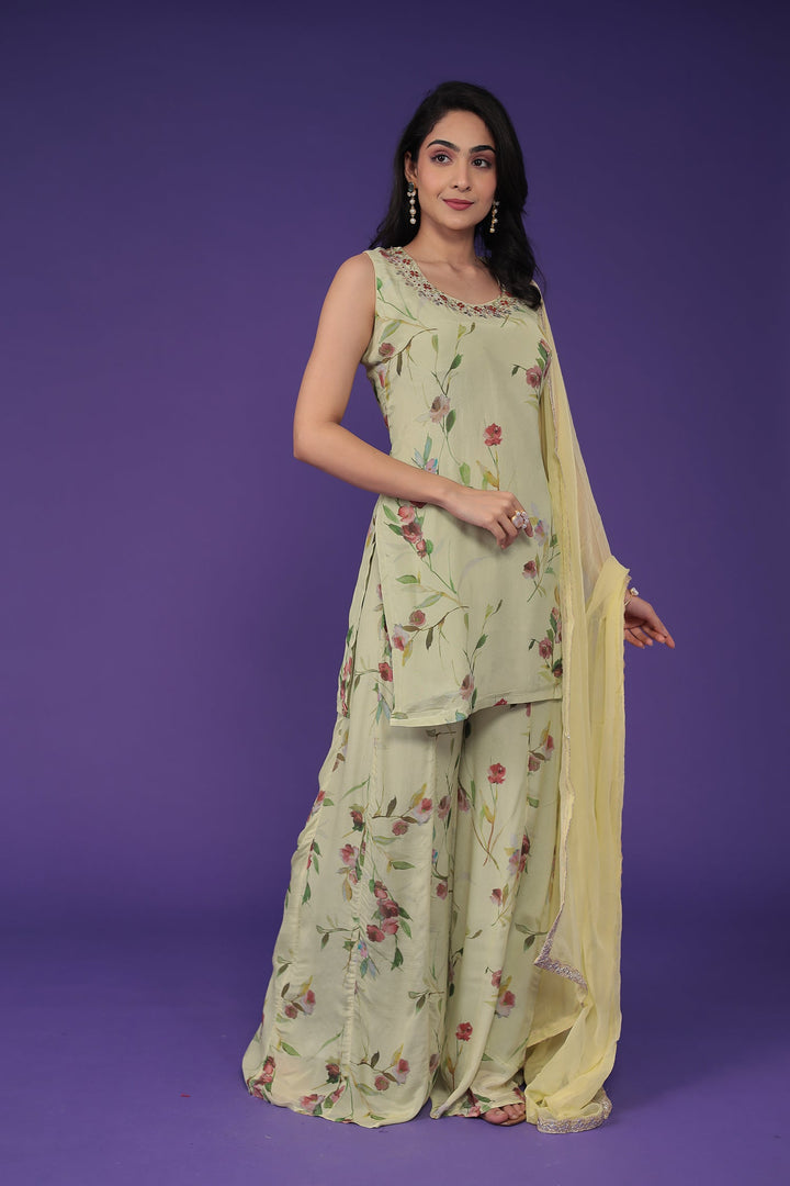 Printed Chinon Silk Suit with Embellished work