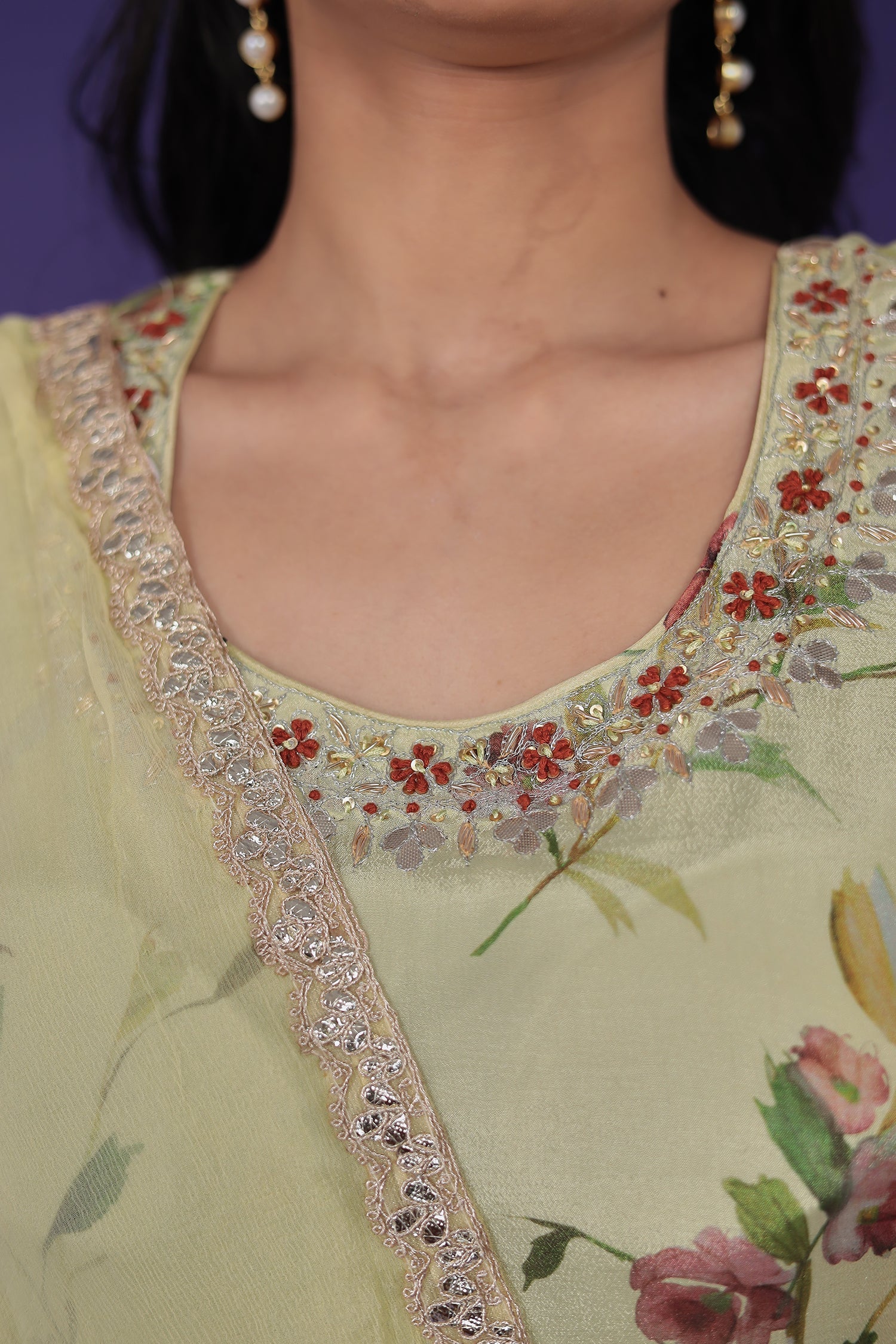 Printed Chinon Silk Suit with Embellished work