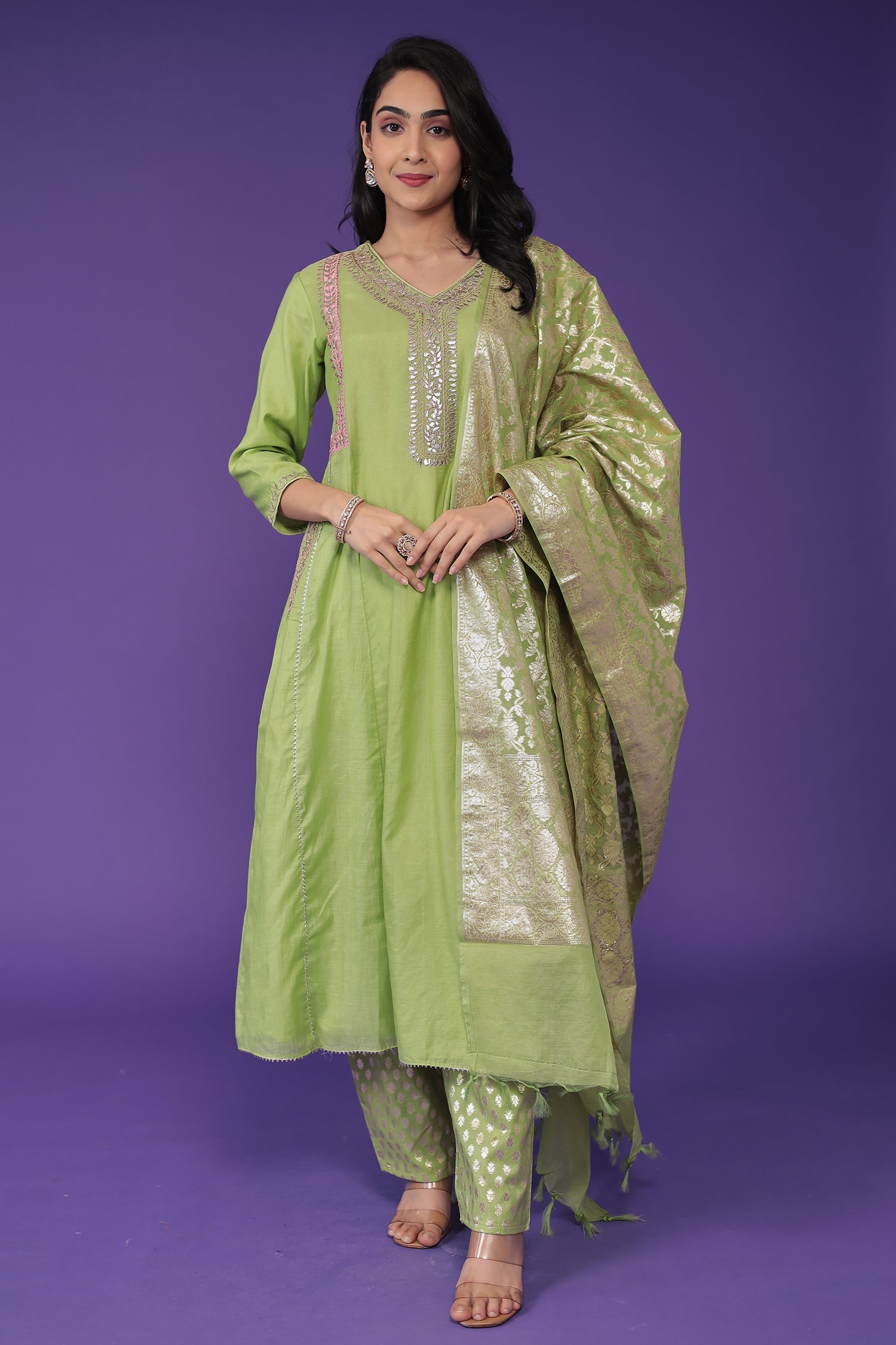 Handloom Chanderi Suit with Dori and Gota Patti work