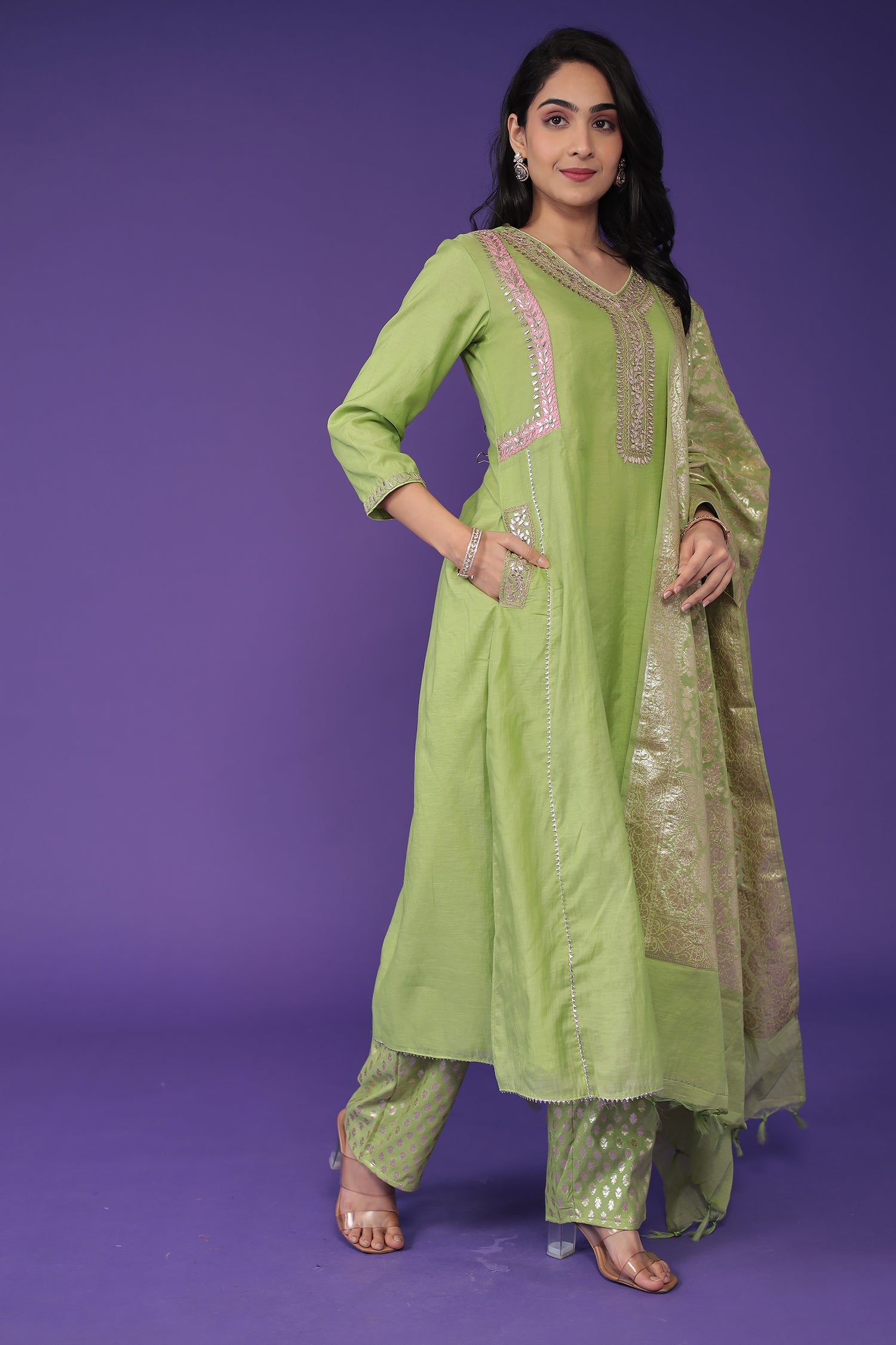 Handloom Chanderi Suit with Dori and Gota Patti work